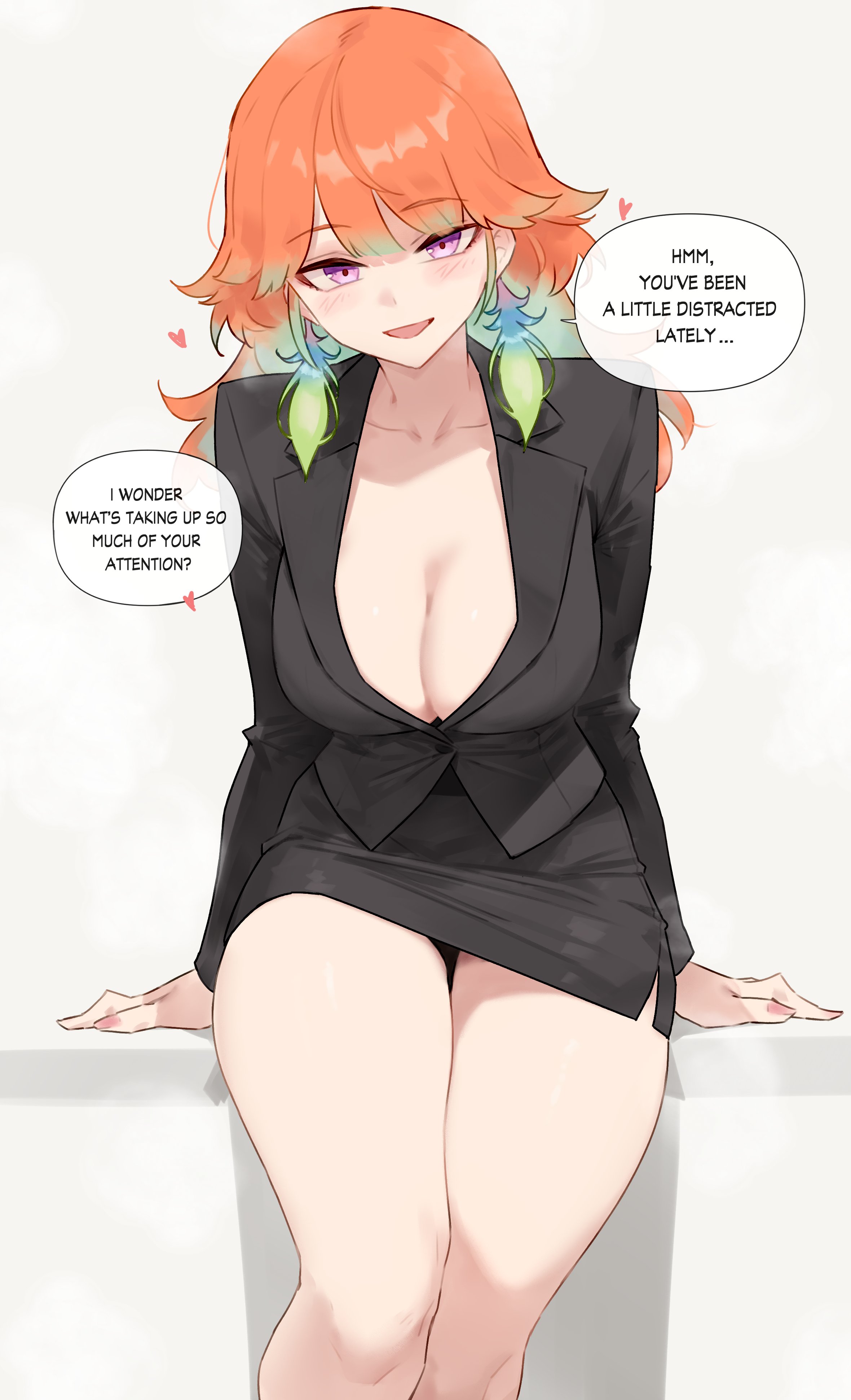 bluefield, takanashi kiara, hololive, hololive english, absurdres, commentary, highres, symbol-only commentary, 1girl, alternate costume, black jacket, black skirt, blush, breasts, cleavage, collarbone, english text, green hair, grey background, jacket, large breasts, looking at viewer, multicolored hair, open mouth, orange hair, pencil skirt, pink eyes, simple background, sitting, skirt, solo, speech bubble, thighs, two-tone hair, virtual youtuber