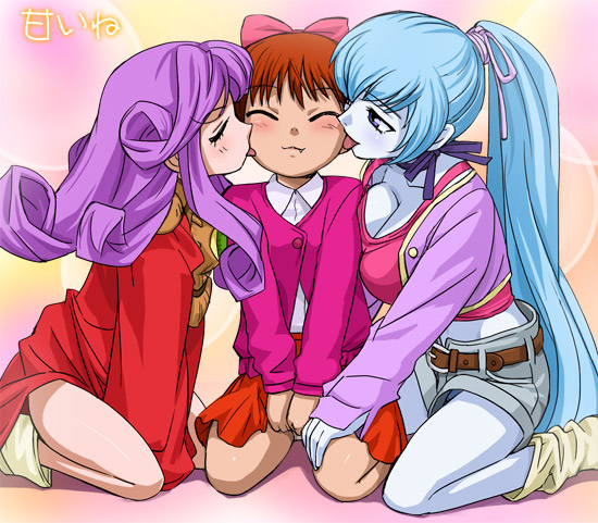 haruyama kazunori, aoi (gegege no kitarou), nekomusume, nekomusume (gegege no kitarou 5), zanbia, gegege no kitarou, gegege no kitarou 5, toei company, 3girls, age difference, belt, blush, bow, breast press, breasts, brown belt, cleavage, colored skin, girl sandwich, high ponytail, kneeling, licking, multiple girls, pink bow, ponytail, sandwiched, shorts, tongue, yuki onna, yuri