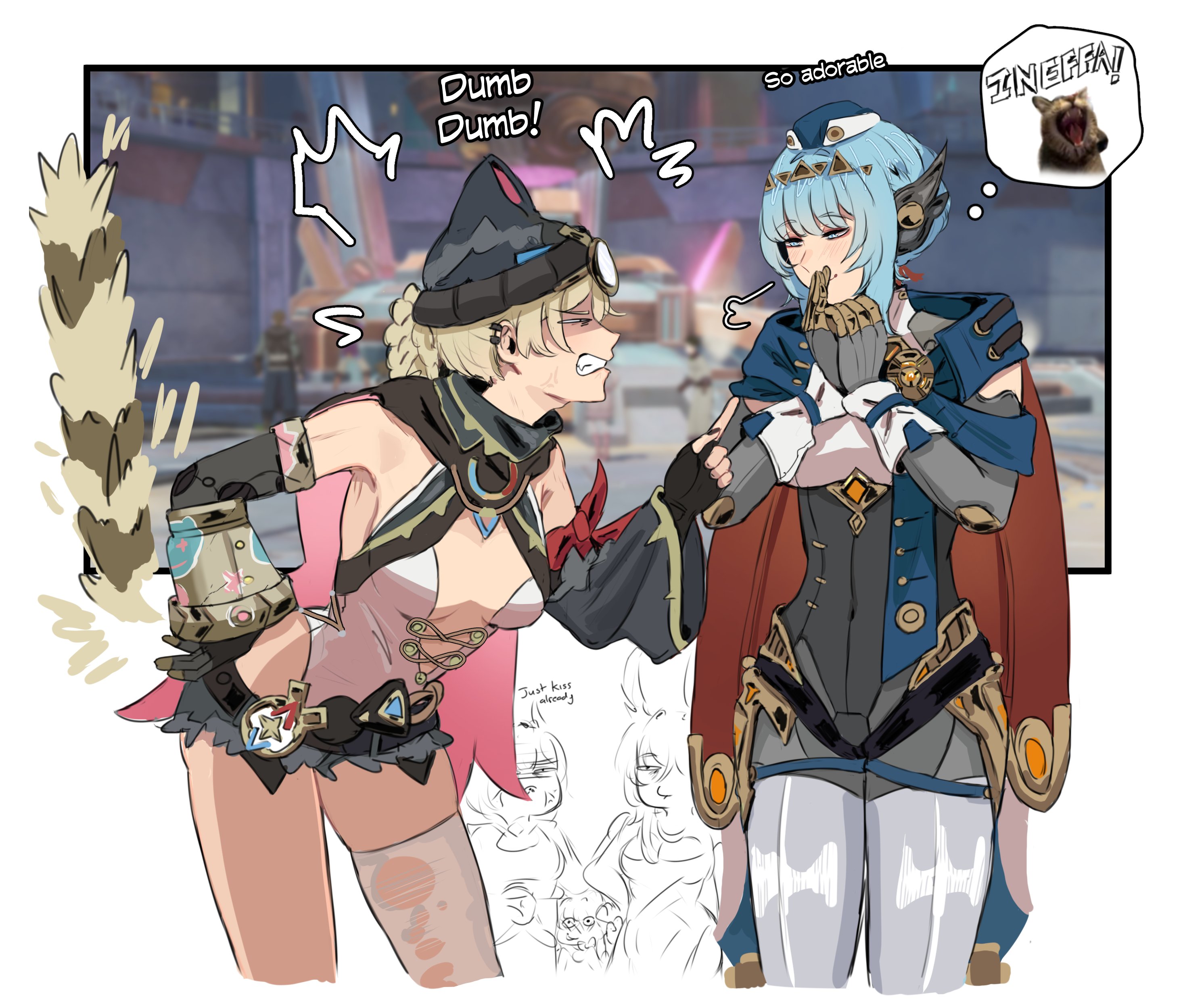 zanqi, aino (genshin impact), ineffa (genshin impact), jahoda (genshin impact), lauma (genshin impact), nefer (genshin impact), genshin impact, absurdres, commentary, english commentary, highres, 5girls, android, anger vein, angry, animal ear headwear, animal ears, armpits, black gloves, blonde hair, blue eyes, blue hair, braid, braided hair rings, breasts, cape, center opening, clenched teeth, cropped legs, detached sleeves, ear piercing, english text, fake animal ears, fang, fingerless gloves, game screenshot background, gloves, goggles, goggles on head, hair rings, half-closed eyes, hand on own hip, hand to own mouth, hands up, hat, highleg, highleg leotard, imagining, implied yuri, index finger raised, joints, leaning forward, legs apart, leotard, looking at another, mechanical arms, mechanical legs, medium breasts, metal skin, multiple girls, no bra, partially shaded face, photo inset, piercing, prosthesis, prosthetic arm, puff of air, robot ears, robot girl, robot joints, screenshot background, short shorts, shorts, single detached sleeve, single glove, single mechanical arm, single sleeve, single thighhigh, speech bubble, standing, teeth, thighhighs, thought bubble, torn clothes, torn thighhighs