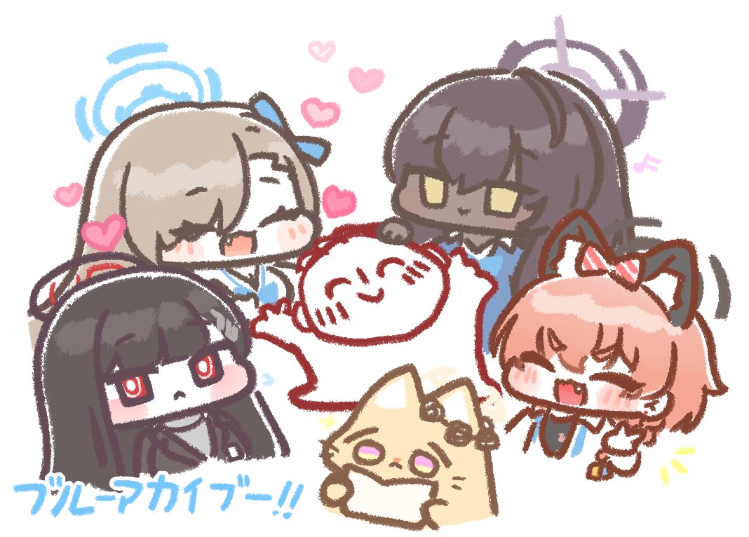 coconutcorn, asuna (blue archive), doodle sensei (blue archive), karin (blue archive), neru (blue archive), rio (blue archive), seia (blue archive), sensei (blue archive), blue archive, 1boy, 5girls, animal ears, black hair, blonde hair, cat, cat ears, chibi, fang, halo, heart, multiple girls, orange hair, red eyes, simple background, v, white background, yellow eyes