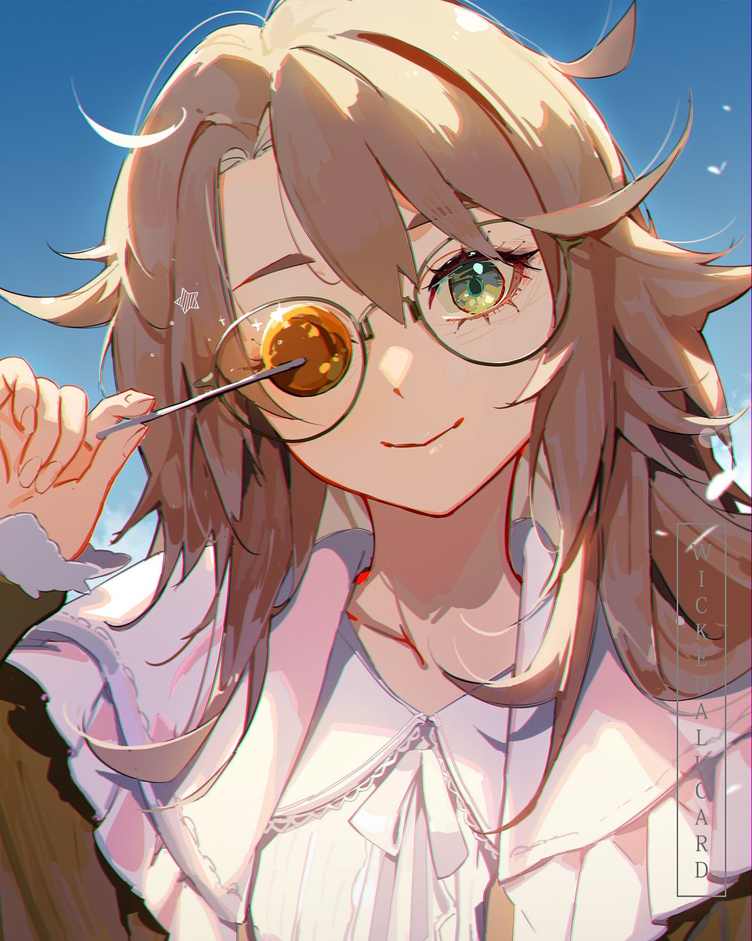 ian olympia, original, commentary, highres, 1girl, blue background, blue sky, brown hair, candy, choppy bangs, closed mouth, day, food, glasses, green eyes, hand up, holding, holding candy, holding food, holding lollipop, lollipop, long hair, looking at viewer, one eye covered, outdoors, shirt, sky, smile, solo, upper body, white shirt