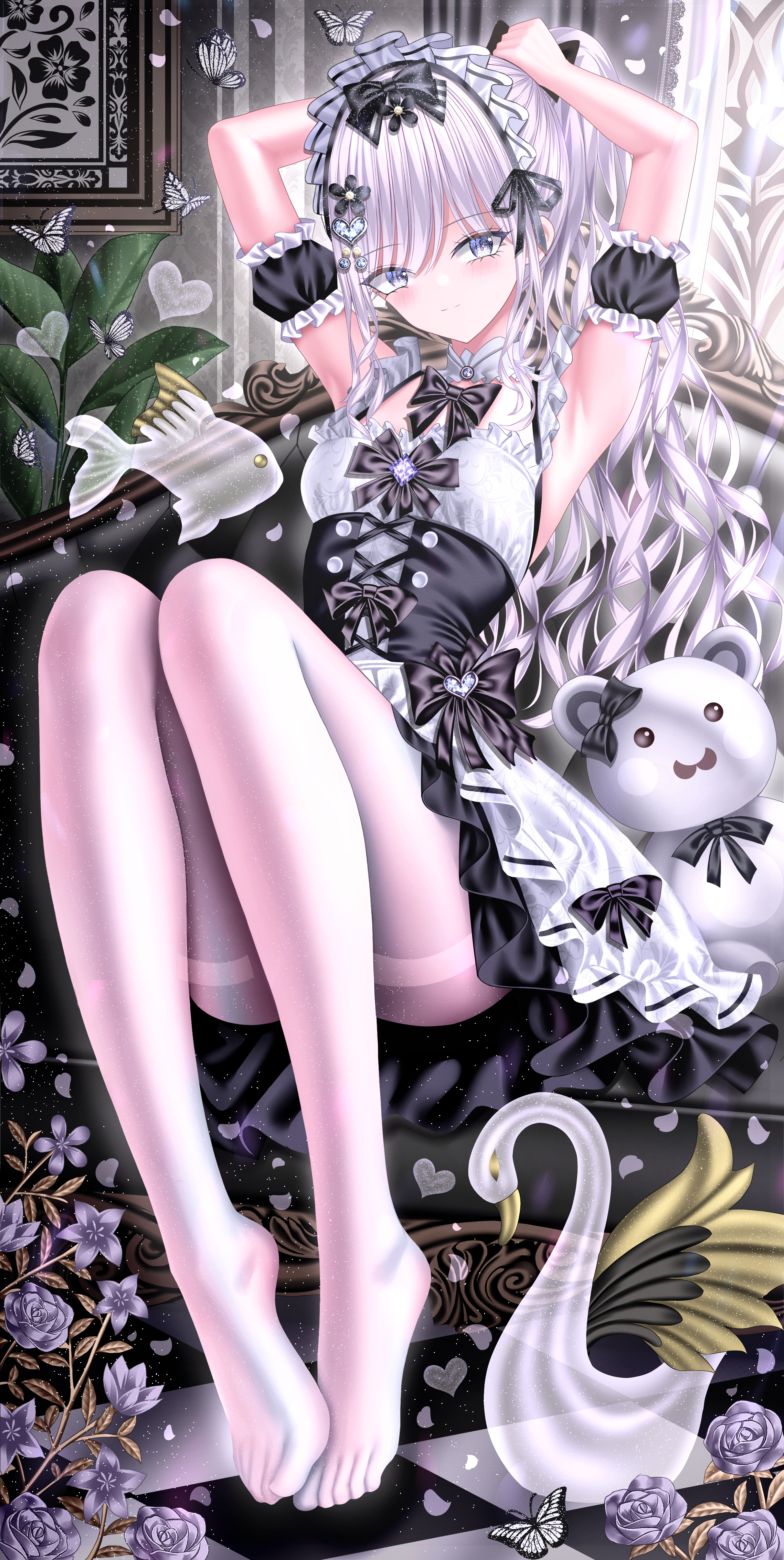 tina (tinafya), original, absurdres, commentary, highres, symbol-only commentary, 1girl, armpits, arms up, bird, black bow, black bowtie, black corset, black sleeves, blue eyes, blush, bow, bowtie, breasts, bug, butterfly, chair, checkered floor, closed mouth, corset, cross-laced clothes, cross-laced corset, detached collar, detached sleeves, eyelashes, feet, fish, flower, flying fish, frilled shirt, frilled sleeves, frills, full body, hair flower, hair ornament, heart, heart hair ornament, indoors, insect, knees up, long hair, long legs, maid, maid headdress, medium breasts, no shoes, pantyhose, picture frame, plant, purple flower, shirt, sleeveless, sleeveless shirt, smile, solo, stuffed animal, stuffed toy, swan, teddy bear, thighband pantyhose, tile floor, tiles, tying hair, very long hair, wavy hair, white butterfly, white hair, white pantyhose, white shirt