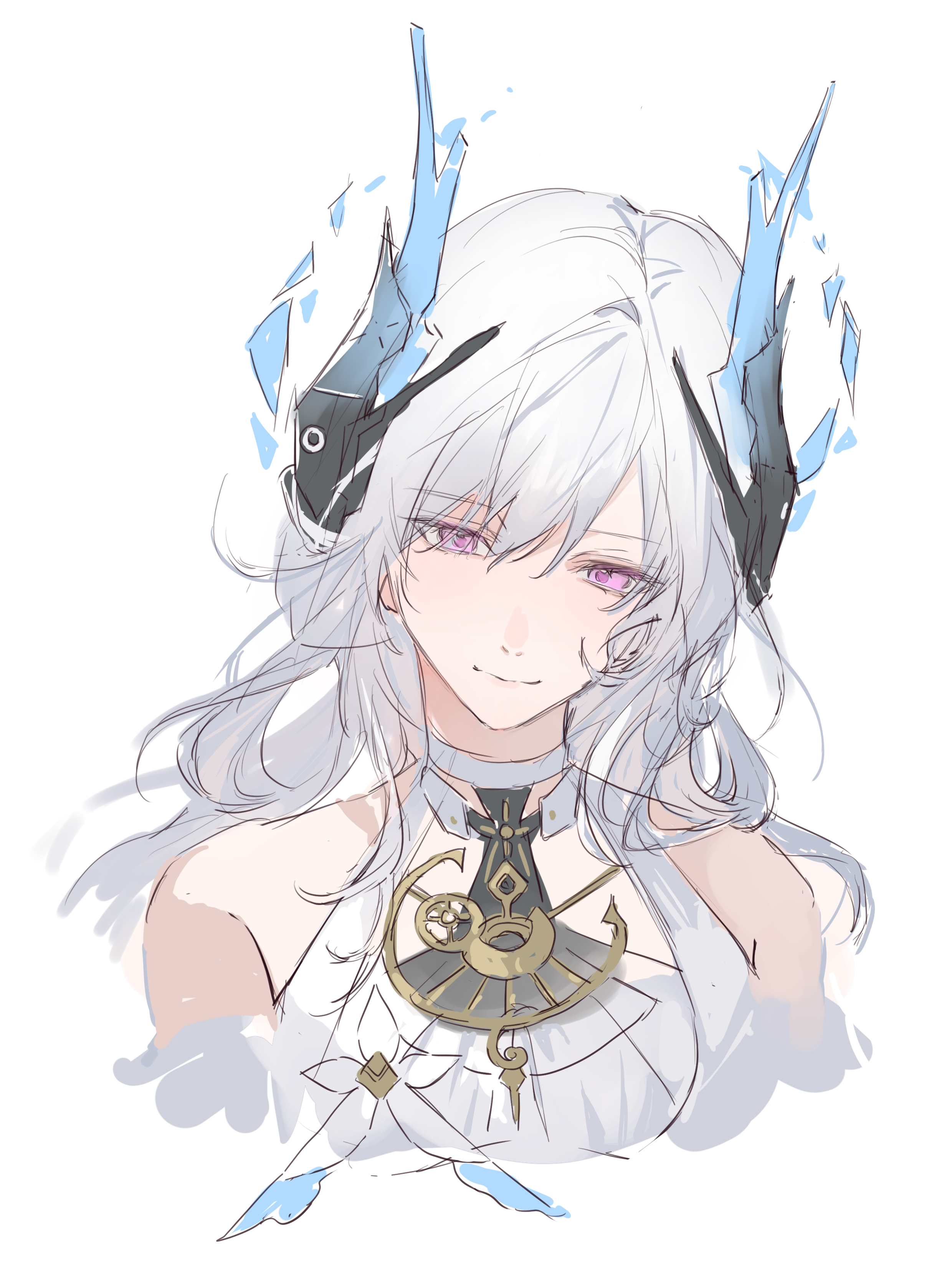 cino (cappuccino), liv (pgr), punishing: gray raven, absurdres, highres, 1girl, bare shoulders, closed mouth, cropped torso, dress, hair between eyes, headgear, liv: limpidity (pgr), long hair, looking at viewer, pink eyes, portrait, simple background, sketch, smile, solo, upper body, white dress, white hair