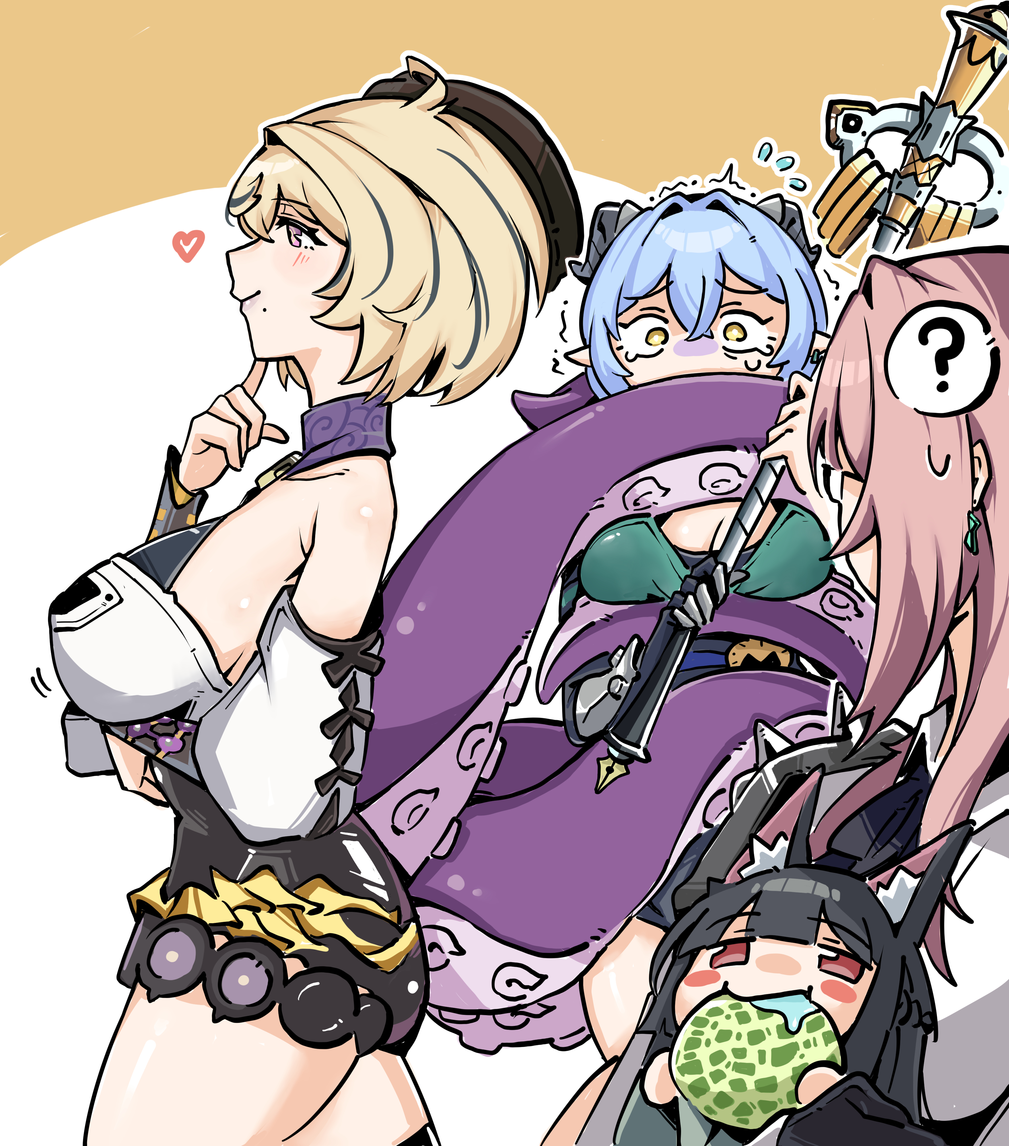 bossjob3, hoshimi miyabi, lucia elowen, tsukishiro yanagi, zenless zone zero, absurdres, commentary, english commentary, highres, 4girls, ?, animal ear fluff, animal ears, arm under breasts, bare shoulders, black hair, blonde hair, blue hair, blush stickers, breasts, carrying, carrying person, chibi, closed mouth, detached sleeves, eating, finger to cheek, food, food in mouth, from side, fruit, glasses, hair between eyes, hair intakes, hand up, hat, heart, holding, holding food, holding staff, horns, index finger raised, large breasts, light smile, lipstick, long hair, makeup, mechanical arms, medium breasts, melon, mole, mole under mouth, multicolored hair, multiple girls, partially shaded face, pink hair, pointy ears, prosthesis, prosthetic arm, raised inner eyebrows, red hair, saliva, scared, short hair, sideboob, single mechanical arm, staff, tail, tail wrap, tearing up, tentacle tail, tentacles, trembling, turn pale, two-tone hair, walking, yellow eyes, yidhari murphy
