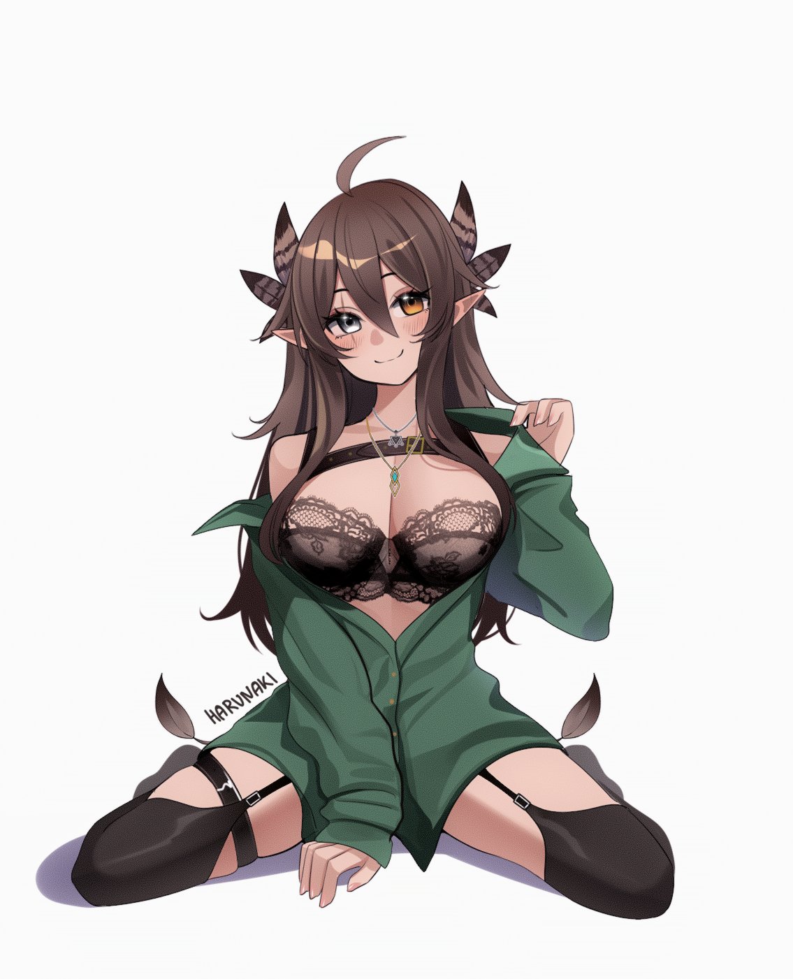 harunaki, kumi (vtuber), indie virtual youtuber, commentary, highres, 1girl, ahoge, black bra, black thighhighs, bra, breasts, brown eyes, brown hair, closed mouth, double-parted bangs, feather hair, full body, garter straps, green jacket, grey eyes, hair between eyes, hand up, heterochromia, jacket, jewelry, large breasts, long hair, long sleeves, looking at viewer, necklace, pointy ears, scar, scar across eye, scar on face, simple background, single bare shoulder, sitting, sleeves past wrists, smile, solo, thighhighs, underwear, virtual youtuber, wariza, white background