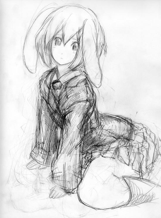 binayu, reisen, touhou, 1girl, animal ears, female focus, greyscale, monochrome, rabbit ears, short hair, sketch, skirt, solo, white background