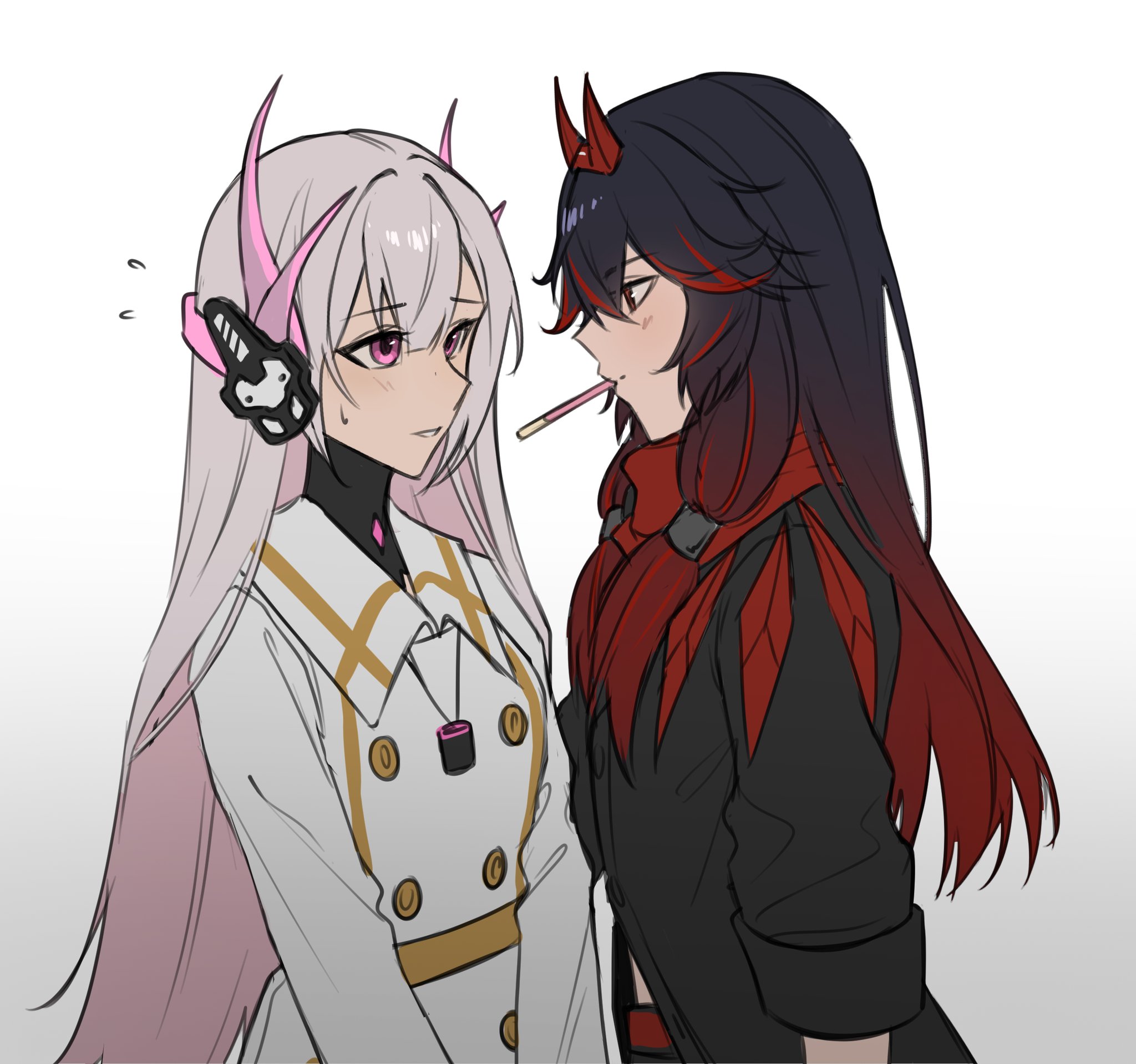 c0ffeenn, liv: eclipse (pgr), liv (pgr), lucia: lotus (pgr), lucia (pgr), punishing: gray raven, highres, 2girls, black hair, black jacket, blush, coat, dress, fake horns, flying sweatdrops, food, food in mouth, gradient hair, hair between eyes, headgear, headphones, horns, jacket, long hair, long sleeves, looking at another, mouth hold, multicolored hair, multiple girls, parted lips, pink eyes, pocky, pocky in mouth, red eyes, red hair, red scarf, scarf, sidelocks, streaked hair, sweatdrop, upper body, white background, white dress, yuri