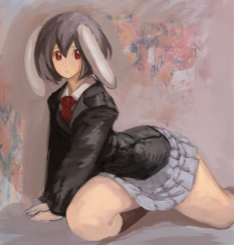 binayu, reisen, touhou, 1girl, animal ears, female focus, hip focus, necktie, rabbit ears, red eyes, short hair, skirt, solo, wide hips