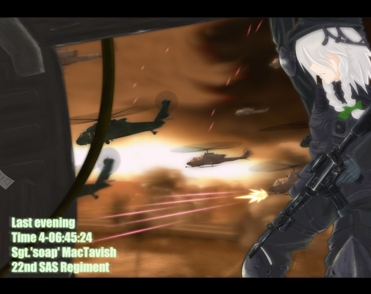 izayoi sakuya, soap (modern warfare 2), soap mactavish, uh-60 blackhawk, call of duty, call of duty 4, touhou, 1girl, ah-1 cobra, aircraft, alternate costume, artistic error, assault rifle, attack helicopter, cloud, crossover, gun, helicopter, helmet, m4 carbine, military, military operator, military uniform, military vehicle, parody, rifle, weapon, white hair