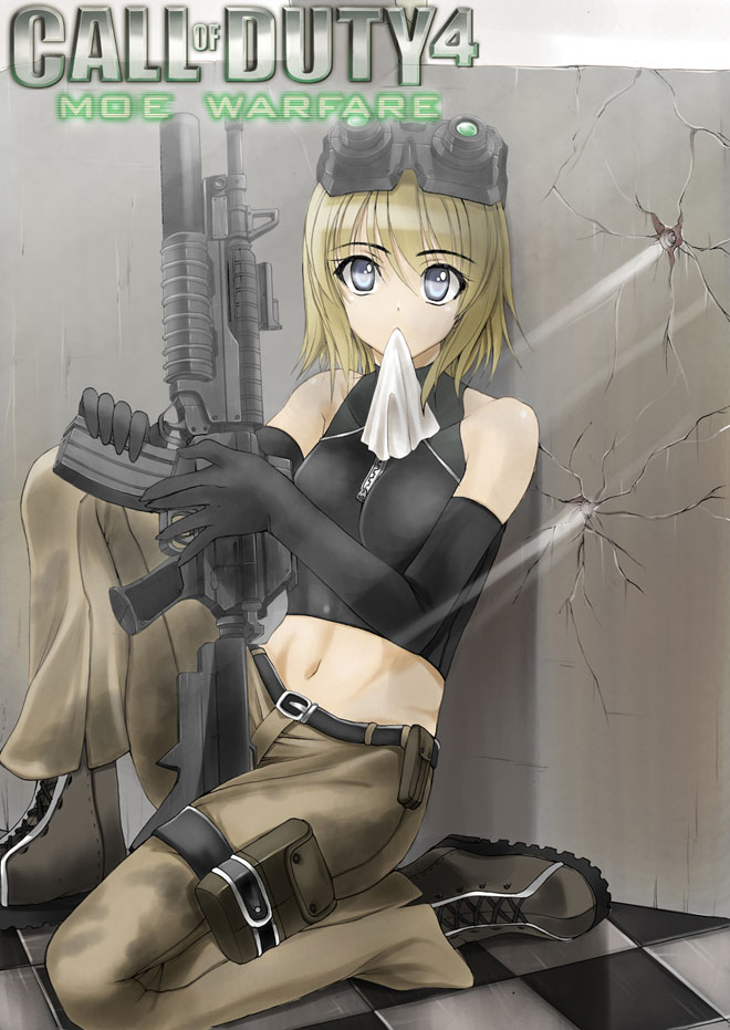 yamishin, aai corporation, airtronic usa, call of duty, call of duty 4, colt's manufacturing company, colt defense, diemaco, knight's armament company, lewis machine and tool company, rm equipment, u.s. ordnance, 1girl, assault rifle, bare shoulders, blonde hair, boots, bullet hole, checkered floor, elbow gloves, female focus, floor, gloves, goggles, grenade launcher, grey eyes, gun, halterneck, handkerchief, m203, m4 carbine, midriff, military, military uniform, moe (phrase), mouth hold, navel, pants, rifle, short hair, solo, tank top, underbarrel grenade launcher, weapon