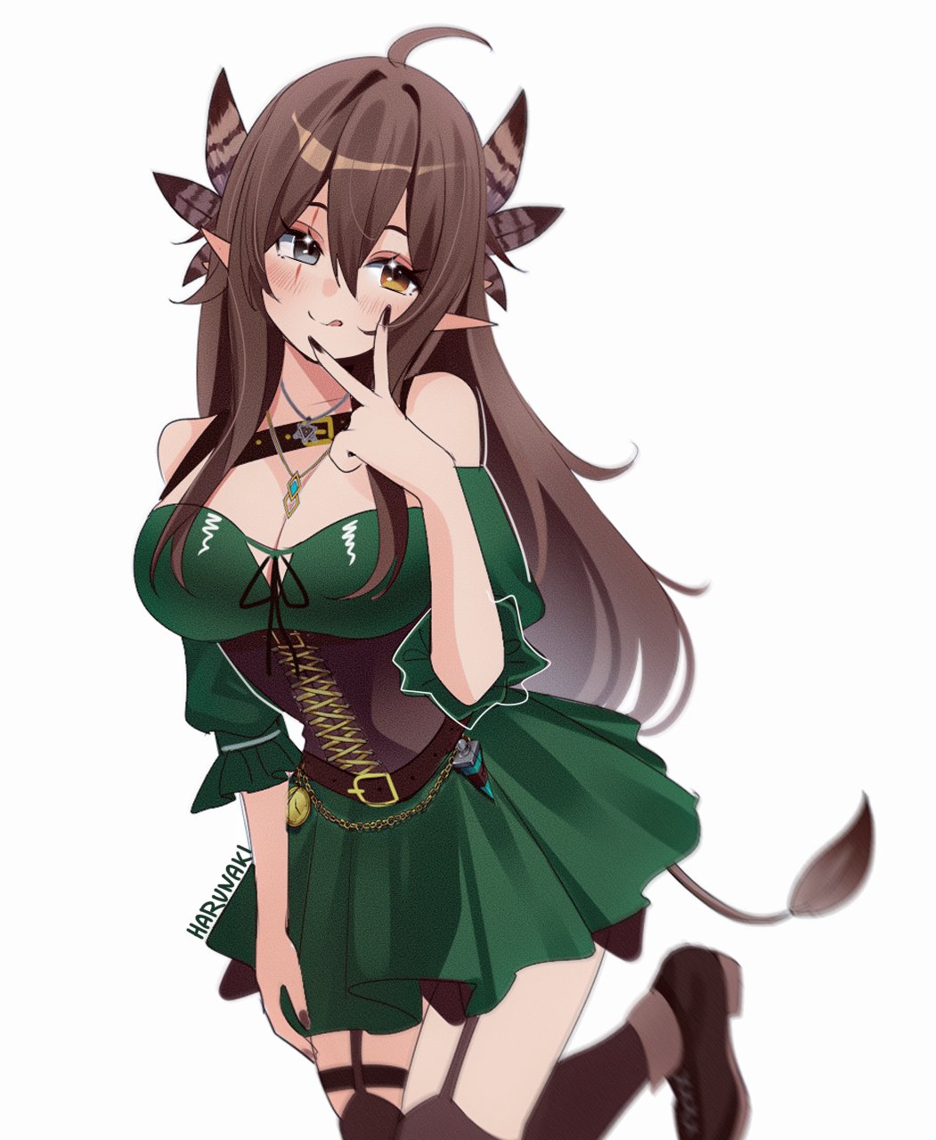 harunaki, kumi (vtuber), indie virtual youtuber, commentary, highres, 1girl, :q, ahoge, artist name, bare shoulders, black nails, black shoes, blush, breasts, brown corset, brown eyes, brown hair, cleavage, closed mouth, corset, cowboy shot, double-parted bangs, dress, feather hair, fingernails, garter straps, green dress, grey eyes, hair between eyes, hand up, heterochromia, jewelry, large breasts, long hair, looking to the side, necklace, pointy ears, scar, scar across eye, scar on face, shoes, simple background, smile, solo, tongue, tongue out, v, virtual youtuber, white background