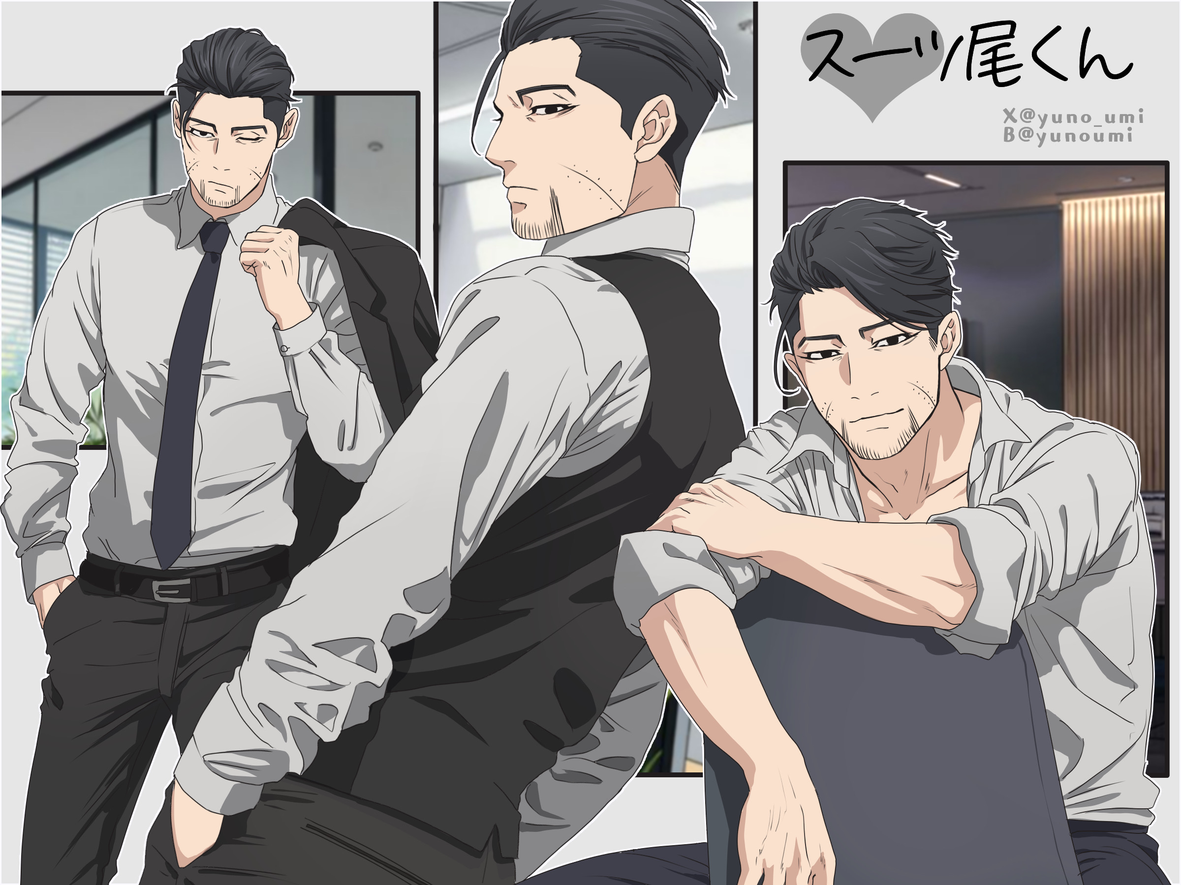 washiko (rasuko), ogata hyakunosuke, golden kamuy, commentary request, highres, translation request, 1boy, belt, black belt, black eyes, black pants, black vest, closed mouth, contemporary, facial hair, goatee stubble, grey shirt, indoors, male focus, multiple views, one eye closed, pants, shirt, stubble, vest