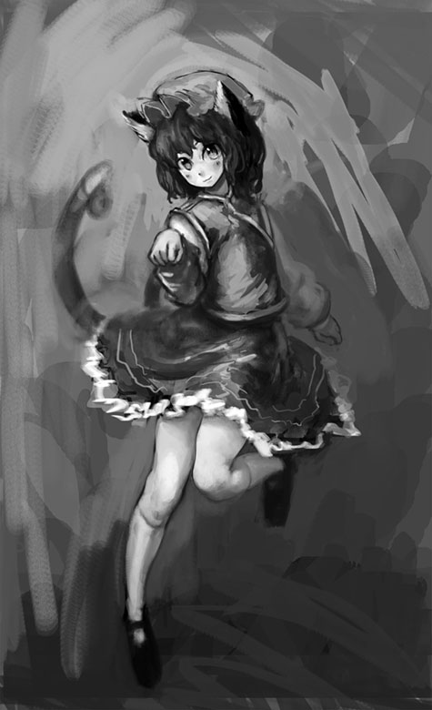 binayu, chen, touhou, 1girl, animal ears, cat ears, cat girl, cat tail, female focus, full body, gradient background, greyscale, hat, monochrome, short hair, sketch, skirt, solo, tail