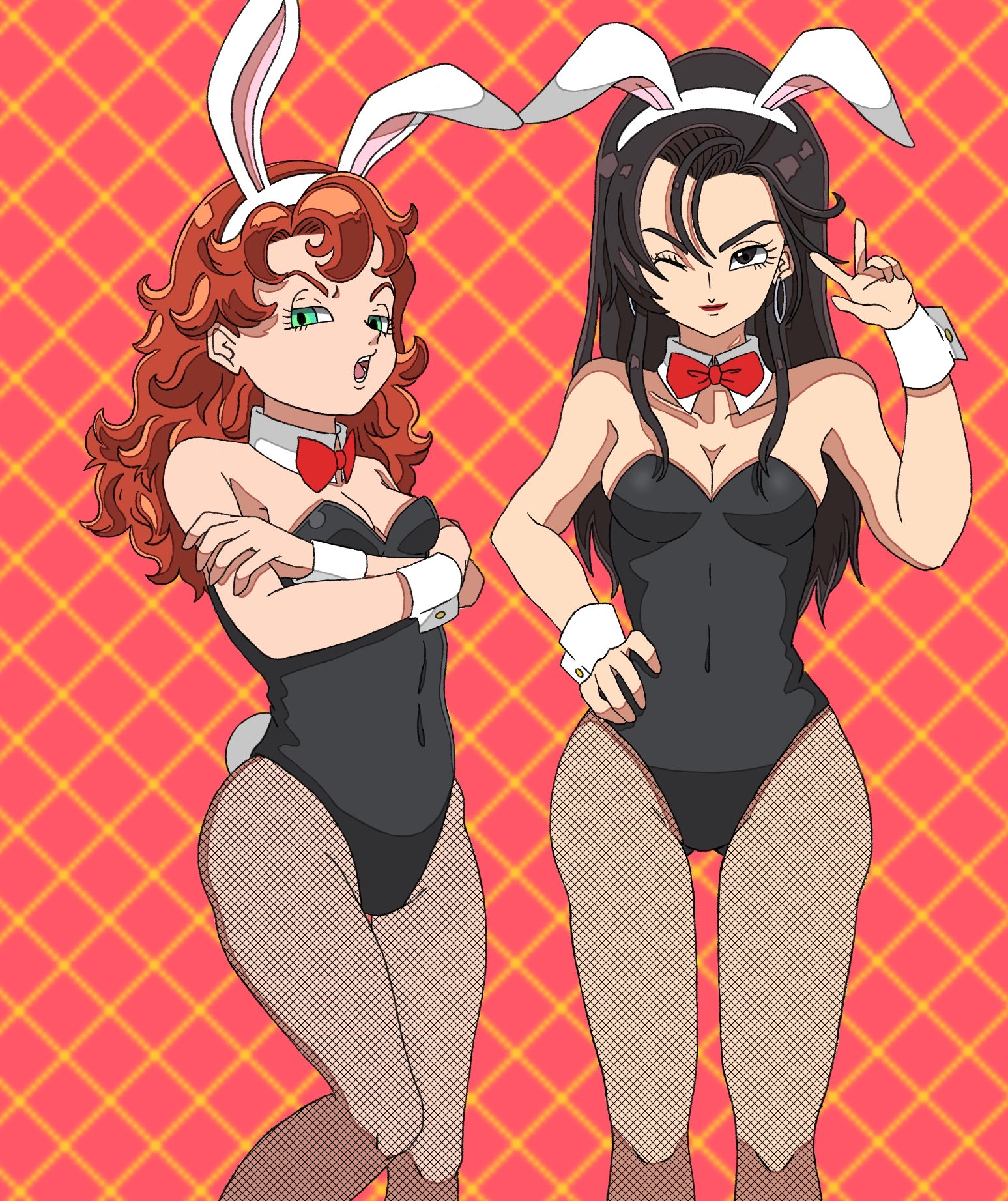 aira (dq7), maribel (dq7), dragon quest, dragon quest vii, highres, 2girls, animal ears, black hair, black leotard, breasts, cleavage, closed mouth, curly hair, detached collar, earrings, fake animal ears, fishnet pantyhose, fishnets, green eyes, groin, hoop earrings, jewelry, leotard, long hair, looking at viewer, medium breasts, multiple girls, open mouth, pantyhose, playboy bunny, rabbit ears, rabbit tail, red hair, sinfonianobilis, smile, strapless, strapless leotard, tail, v, wrist cuffs