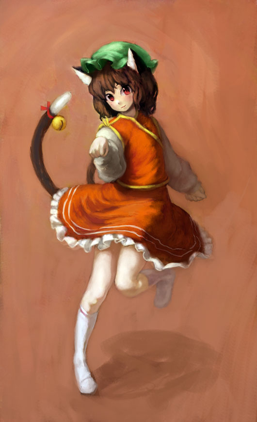 binayu, chen, touhou, 1girl, animal ears, bell, brown hair, cat ears, cat girl, cat tail, female focus, full body, gradient background, hat, multiple tails, red eyes, short hair, skirt, socks, solo, tail, tail bell, tail ornament