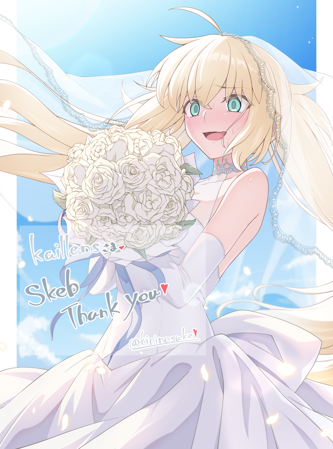 kininosuke, artoria caster (fate), artoria pendragon (fate), fate/grand order, fate (series), commentary request, commission, highres, skeb commission, 1girl, alternate costume, bare shoulders, blush, bouquet, bridal veil, dress, elbow gloves, floating hair, flower, gloves, green eyes, holding, holding bouquet, long hair, nervous smile, open mouth, rose, smile, solo, sweat, thank you, twintails, twitter username, veil, very long hair, wedding dress, white flower, white gloves, white rose