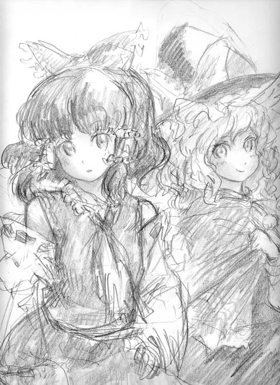 binayu, hakurei reimu, kirisame marisa, touhou, 2girls, braid, detached sleeves, female focus, greyscale, hair ribbon, hat, japanese clothes, miko, monochrome, multiple girls, ribbon, short hair, sketch, skirt, white background, witch, witch hat