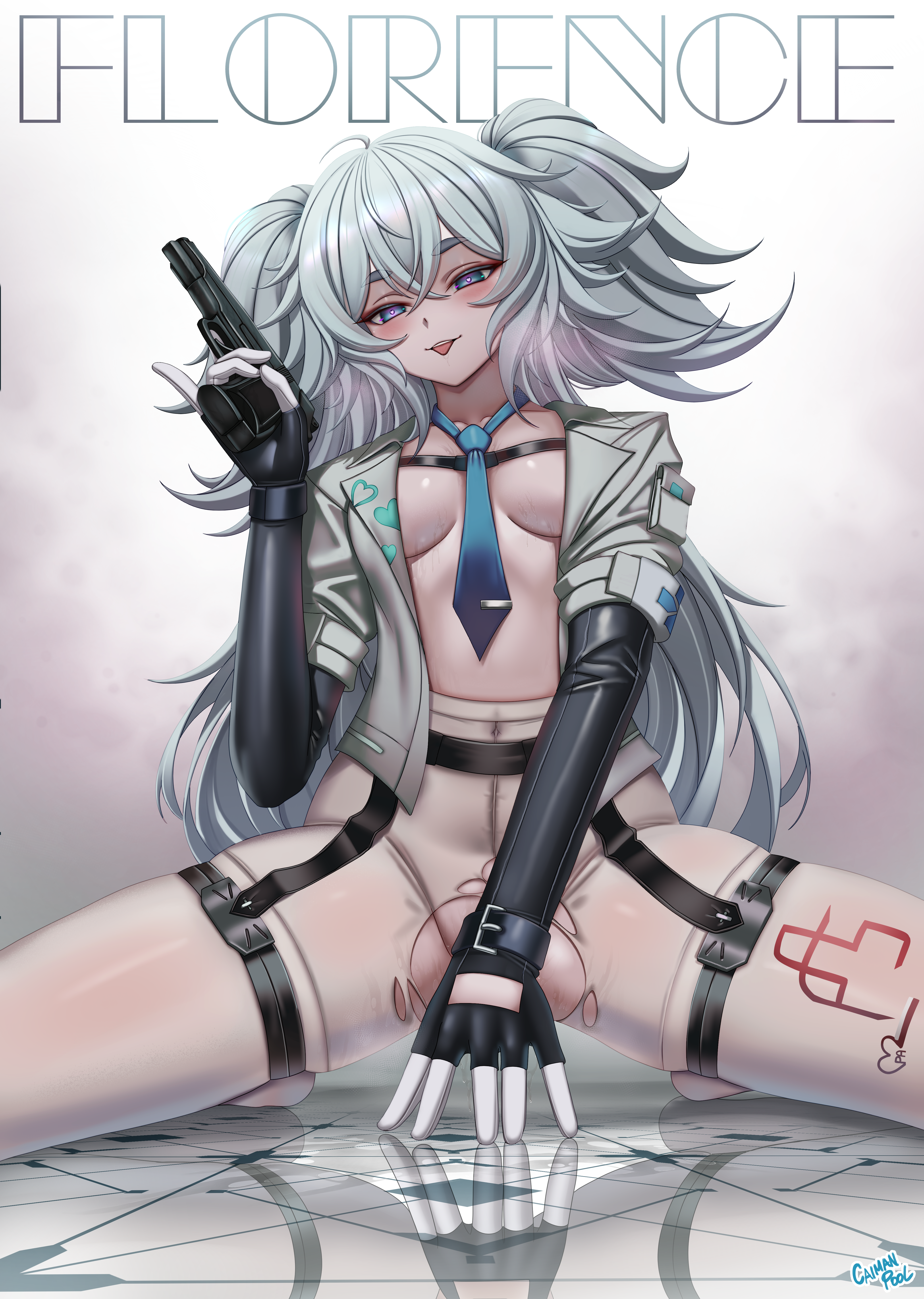 caiman pool, florence (girls' frontline 2), pa-15 (girls' frontline), girls' frontline, girls' frontline 2: exilium, absurdres, commentary, english commentary, highres, 1girl, artist name, blue eyes, blue necktie, breasts, breasts apart, character name, gun, holding, holding gun, holding weapon, jacket, long hair, looking at viewer, mab pa-15, necktie, open clothes, open jacket, pantyhose, reflective floor, solo, torn clothes, torn pantyhose, weapon, white jacket