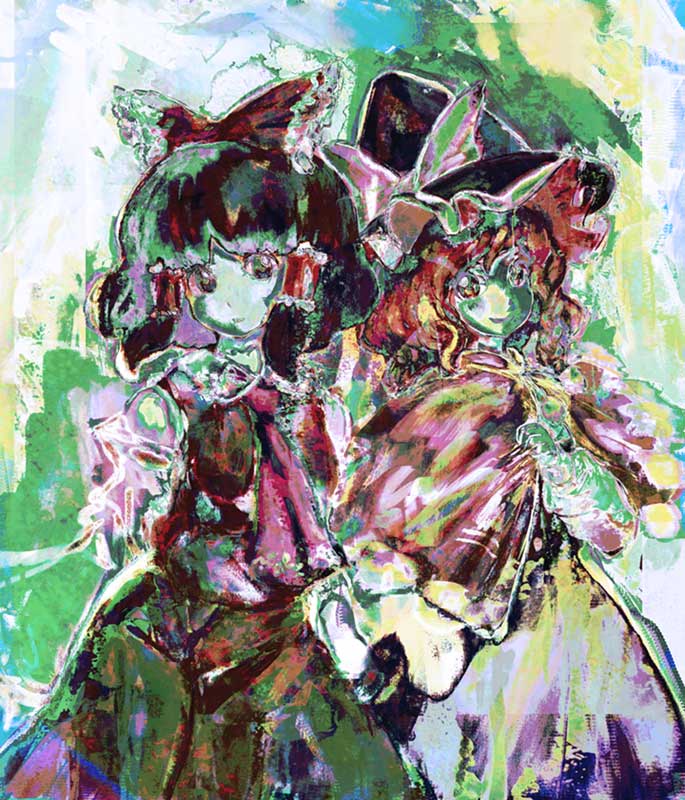 binayu, hakurei reimu, kirisame marisa, touhou, 2girls, blonde hair, colorful, female focus, hair ribbon, hat, japanese clothes, miko, multiple girls, ribbon, witch, witch hat