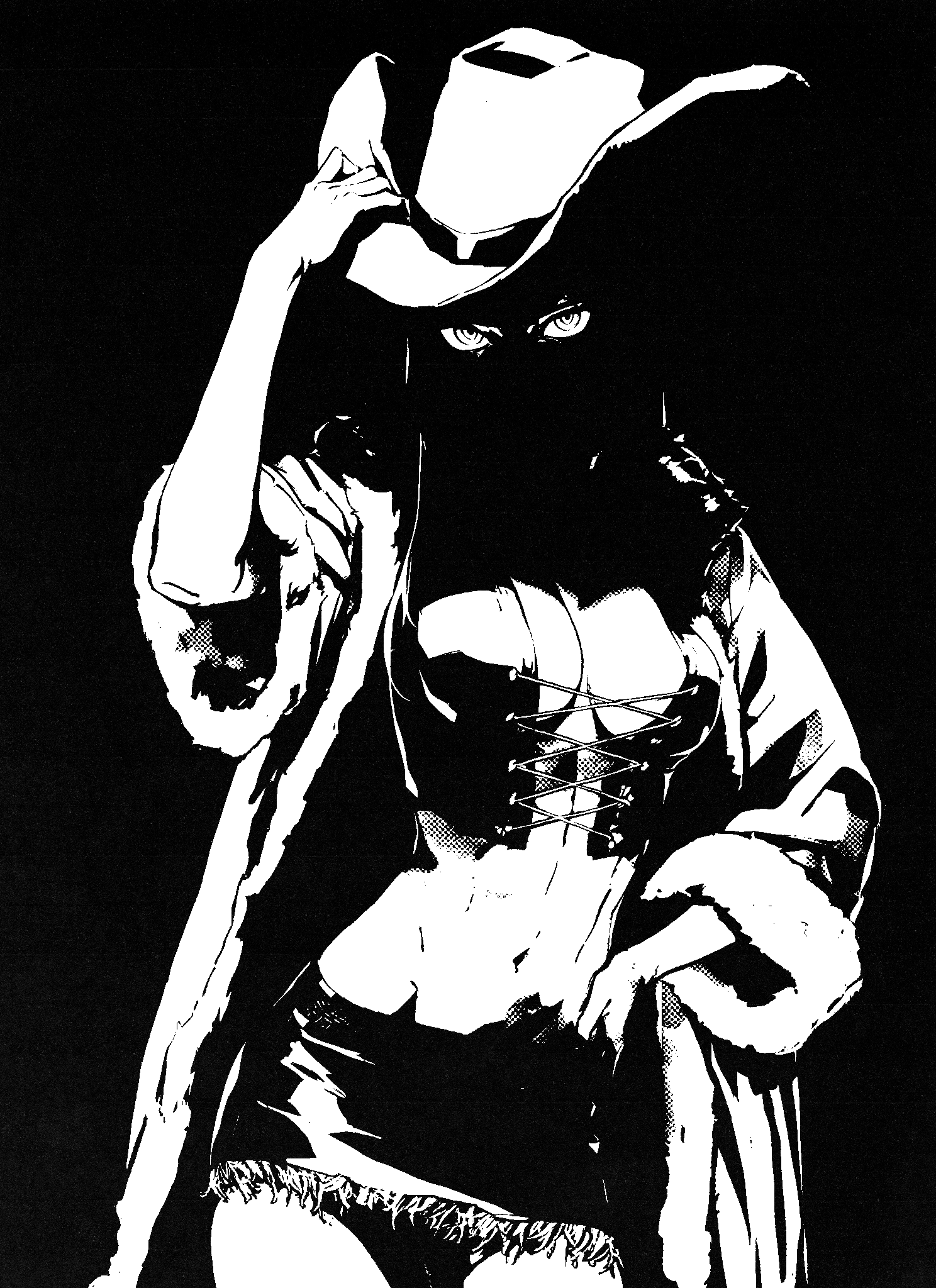 hitboxsamurai, nico robin, one piece, commentary, commission, highres, unfinished, 1girl, arm up, breasts, cleavage, coat, covered face, cowboy hat, cowboy shot, cross-laced clothes, cross-laced top, greyscale, hand on headwear, hand on own hip, hat, looking at viewer, miniskirt, monochrome, navel, no bra, open clothes, open coat, ringed eyes, shaded face, skirt, sleeveless, solo, stomach, white background