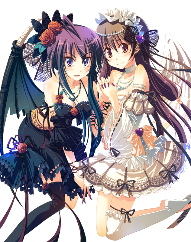 yamadori yoshitomo, original, black legwear, white legwear, bad id, bad pixiv id, 2girls, angel, angel and devil, angel wings, asymmetrical clothes, bare shoulders, barefoot, bow, breasts, brown eyes, brown hair, cleavage, demon, demon girl, demon wings, dress, flower, frills, gothic lolita, hair flower, hair ornament, hairband, heart, jewelry, lolita fashion, long hair, multiple girls, nail polish, necklace, purple eyes, purple hair, purple nails, ribbon, single thighhigh, thighhighs, wings