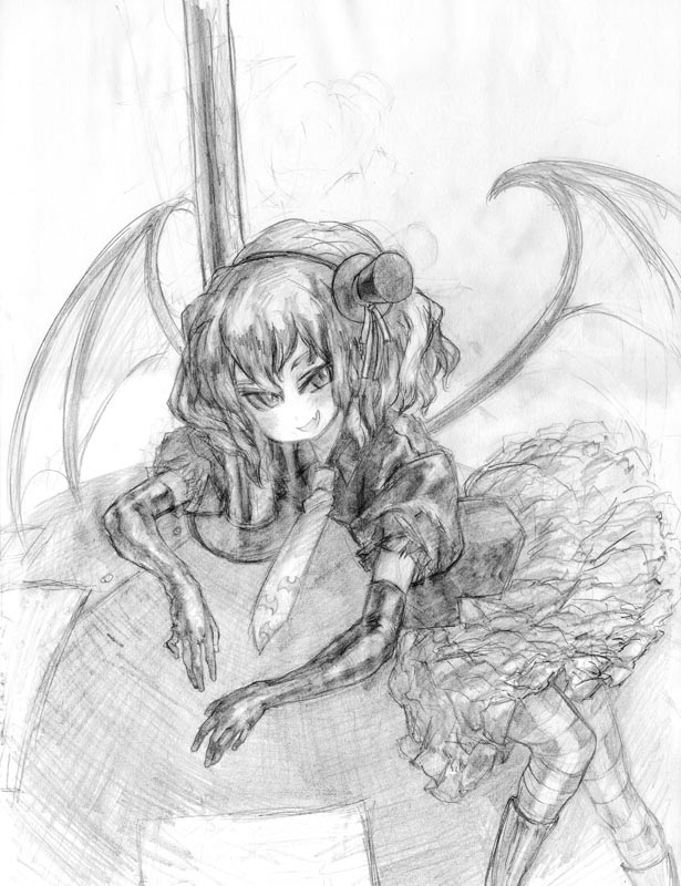 binayu, remilia scarlet, touhou, 1girl, bat wings, elbow gloves, fang, female focus, gloves, greyscale, hat, monochrome, necktie, short hair, sketch, skirt, solo, vampire, white background, wings