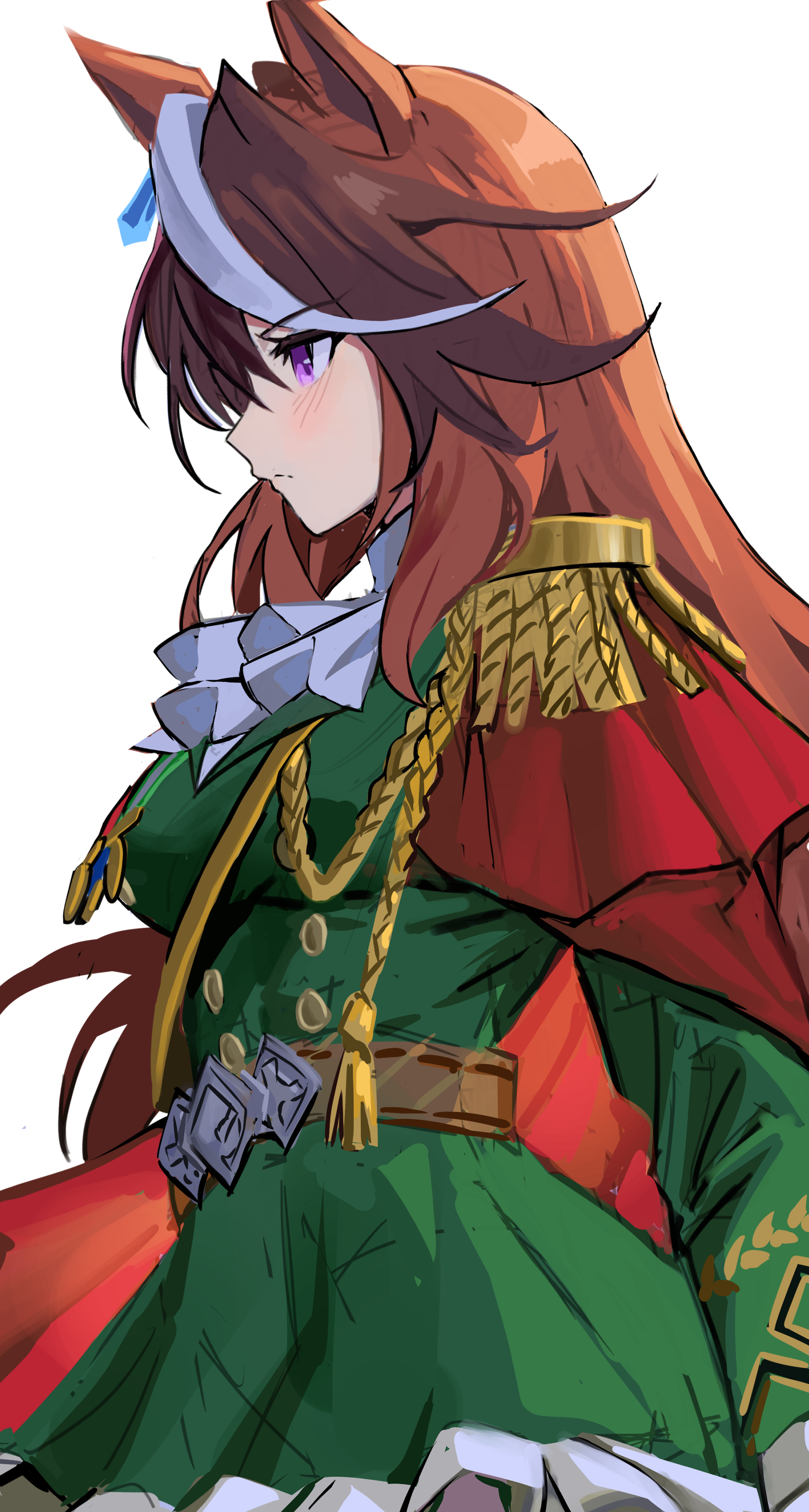 franz2543, symboli rudolf (emperor's path) (umamusume), symboli rudolf (umamusume), umamusume, absurdres, highres, 1girl, aiguillette, animal ears, ascot, blush, breasts, brown hair, buttons, cape, closed mouth, double-breasted, earrings, epaulettes, green jacket, hair between eyes, horse ears, horse girl, jacket, jewelry, long hair, long sleeves, medal, medium breasts, multicolored hair, purple eyes, red cape, side cape, simple background, single earring, single epaulette, skirt, streaked hair, upper body, white ascot, white background, white hair