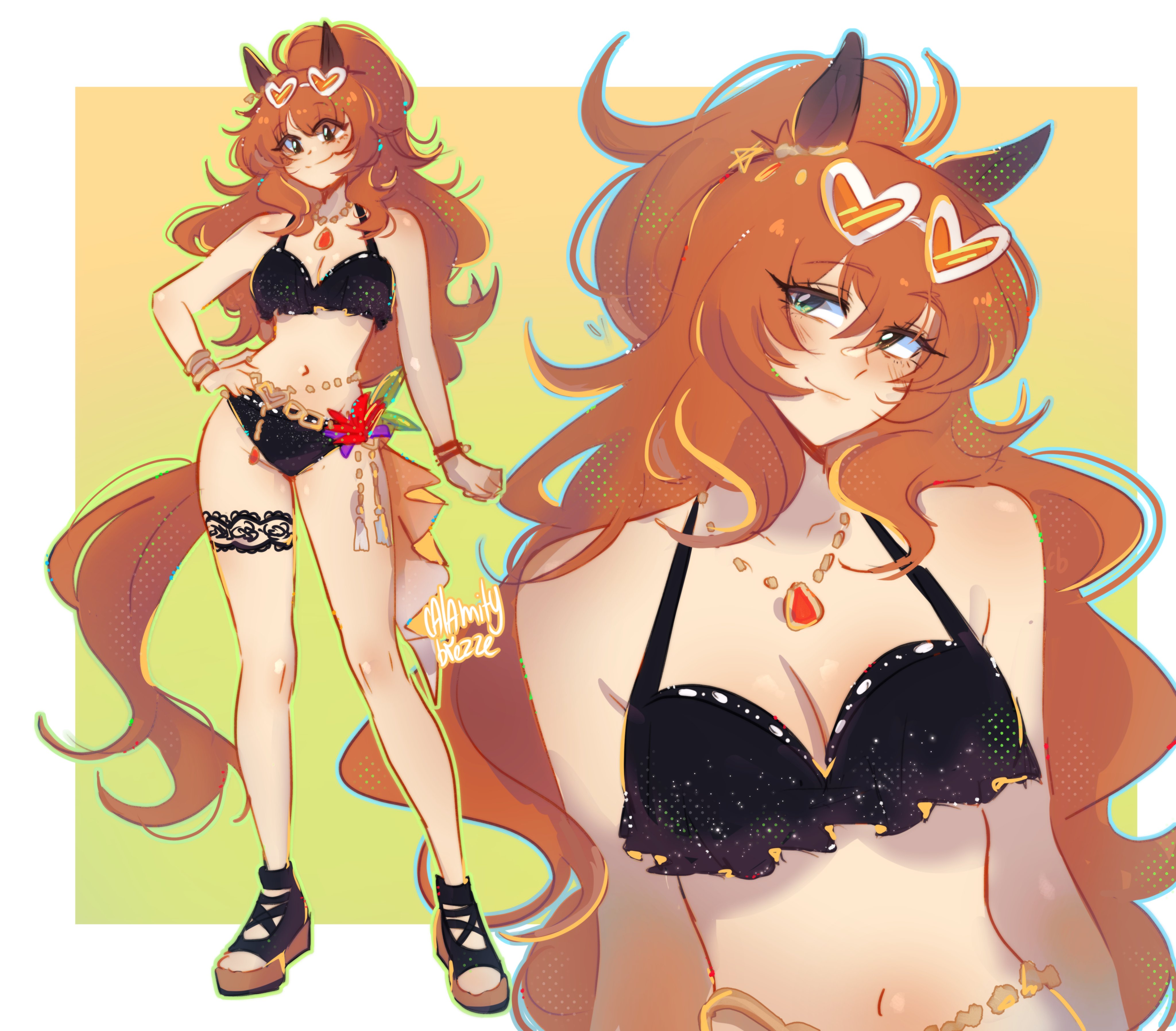 calamity brezze, maruzensky (hot summer night) (umamusume), maruzensky (umamusume), umamusume, absurdres, highres, 1girl, animal ears, bikini, black bikini, blue eyes, blush, breasts, brown-tinted eyewear, brown hair, cleavage, closed mouth, collarbone, ear ornament, eyewear on head, frilled bikini, frills, full body, green eyes, hair between eyes, heart, heart-shaped eyewear, horse ears, horse girl, horse tail, jewelry, long hair, looking at viewer, medium breasts, navel, necklace, official alternate costume, orange-tinted eyewear, sandals, simple background, smile, stomach, sunglasses, swimsuit, tail, thighlet, tinted eyewear, white-framed eyewear