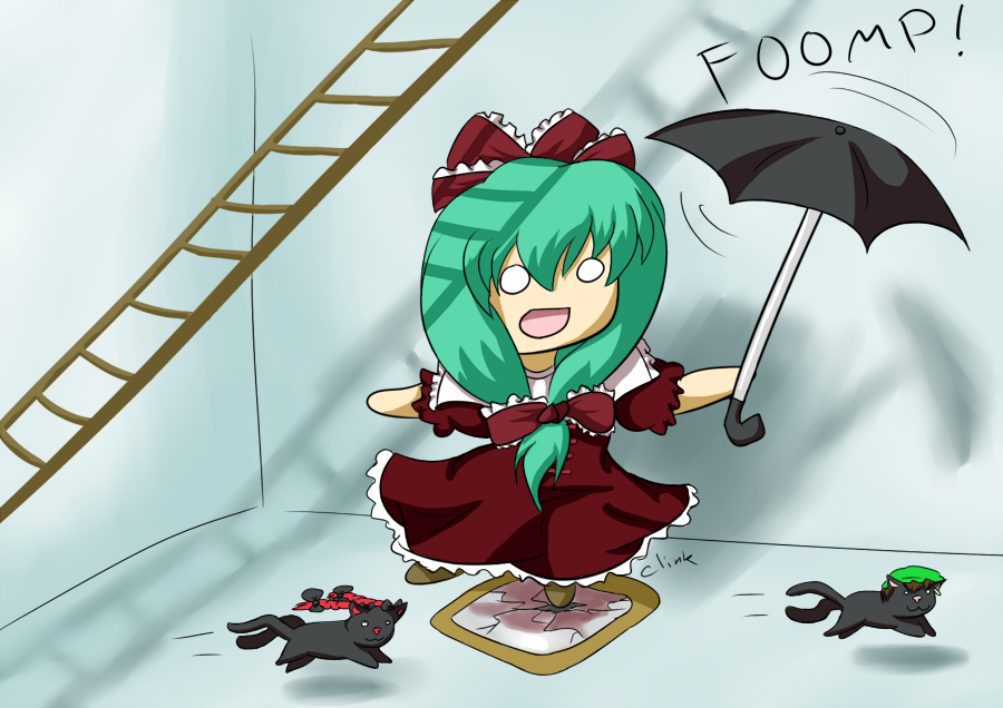 cookie (artist), chen, chen (cat), kaenbyou rin, kaenbyou rin (cat), kagiyama hina, touhou, 1girl, broken mirror, cat, chibi, dress, female focus, green hair, hair ribbon, ladder, mirror, ribbon, umbrella