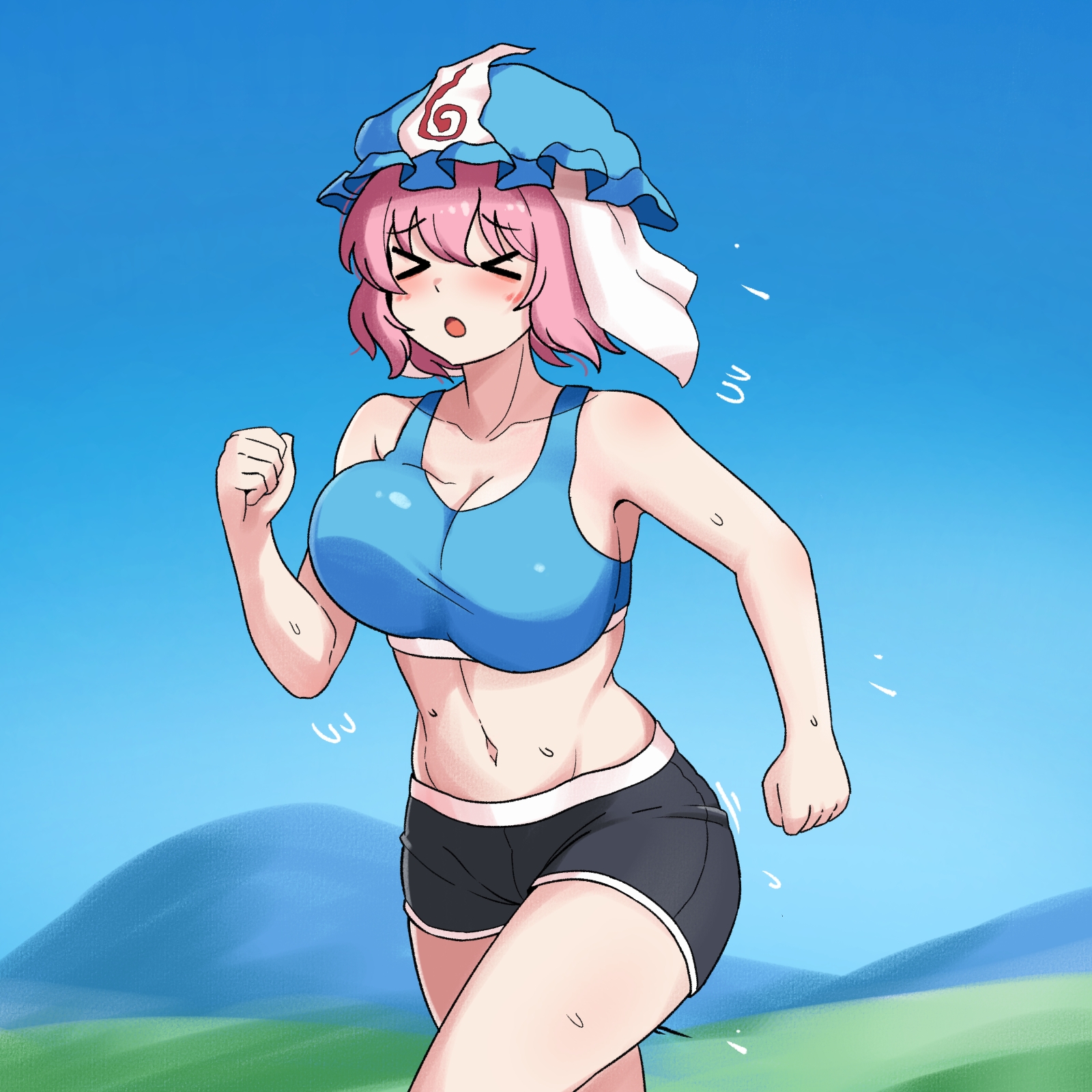 ehehe52921343, saigyouji yuyuko, touhou, commentary, highres, > <, 1girl, :o, bare arms, bare shoulders, black shorts, blue hat, blue sky, blue sports bra, blush, bouncing breasts, breasts, clear sky, cleavage, closed eyes, collarbone, cowboy shot, day, dolphin shorts, exercising, flying sweatdrops, grass, hat, large breasts, midriff, mob cap, mountainous horizon, navel, open mouth, outdoors, pink hair, running, short hair, short shorts, shorts, sky, solo, sports bra, sweat, triangular headpiece