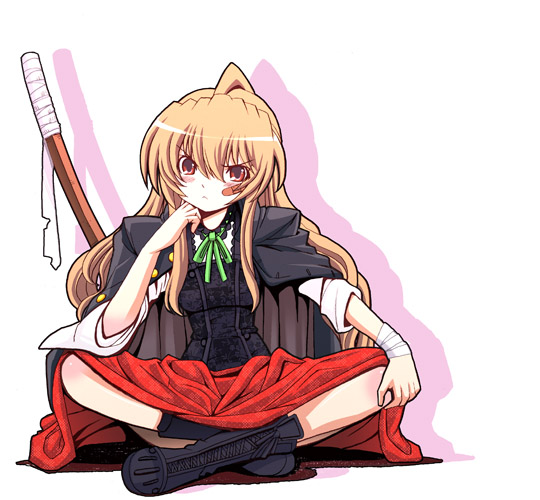 oobayashi mori, aisaka taiga, toradora!, 00s, 1girl, bandages, bandaid, boots, crossed legs, female focus, indian style, sitting, solo, sword, weapon, wooden sword
