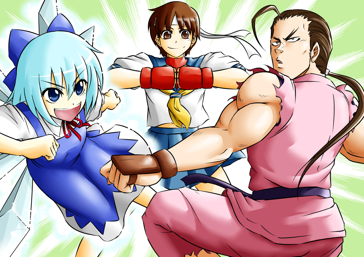 kanno takanori, cirno, hibiki dan, kasugano sakura, capcom, m.u.g.e.n, street fighter, touhou, 1boy, 2girls, blue sailor collar, crossover, dress, multiple girls, netorare, sailor collar, school uniform, serafuku, skirt