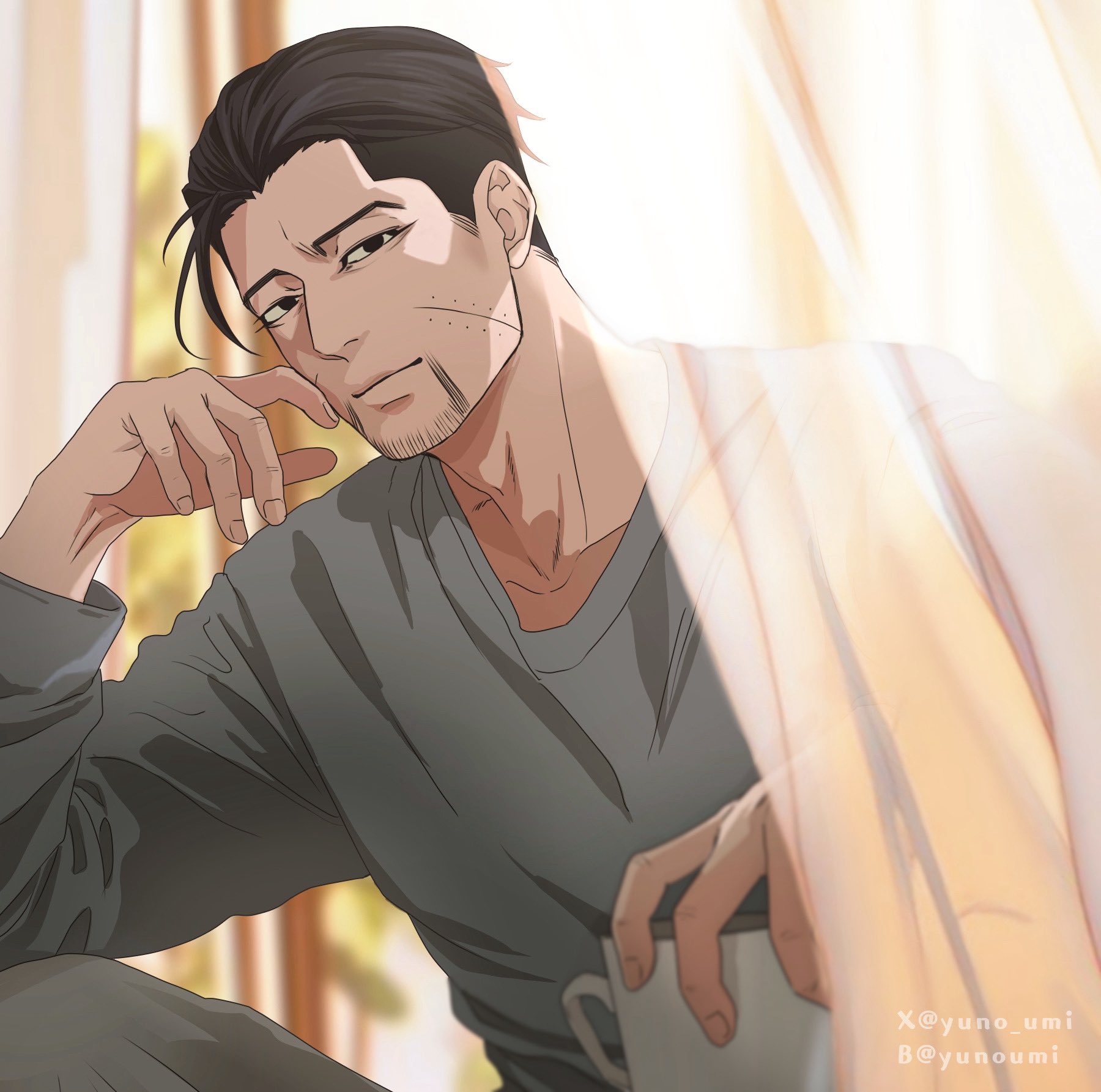 washiko (rasuko), ogata hyakunosuke, golden kamuy, highres, 1boy, black hair, closed mouth, contemporary, cup, curtains, grey shirt, hair slicked back, holding, holding cup, long sleeves, looking at viewer, male focus, scar, scar on face, shirt, solo, upper body