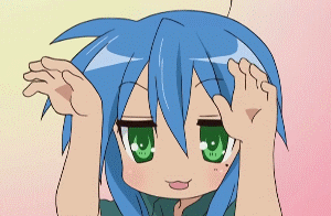 izumi konata, lucky star, animated, animated gif, anime screenshot, lowres, 00s, 1girl, :3, blue hair, female focus, green eyes, mole, mole under eye, solo