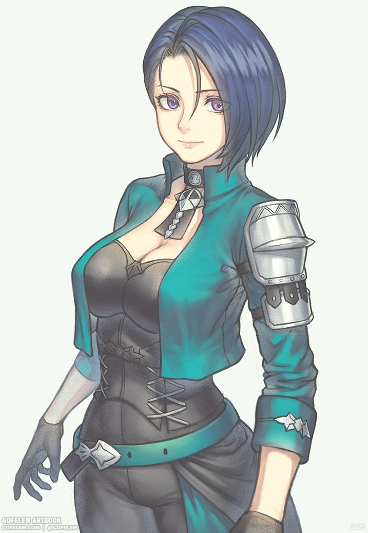 gofelem, shamir nevrand, fire emblem, fire emblem: three houses, nintendo, commentary, 1girl, aqua belt, aqua jacket, armor, artist name, belt, black choker, black gloves, black hair, breasts, choker, cleavage, closed mouth, cropped jacket, gloves, grey background, jacket, large breasts, lips, pauldrons, pink lips, purple eyes, short hair, shoulder armor, simple background, single pauldron, solo