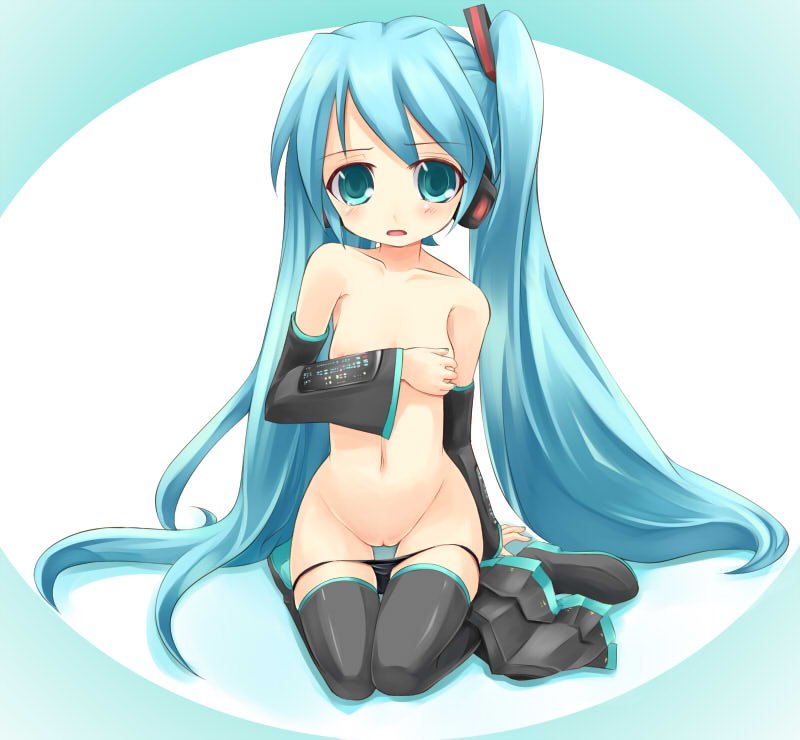 kuro (be ok), hatsune miku, vocaloid, breast hold, 1girl, aqua eyes, aqua hair, black thighhighs, breasts, covering breasts, covering privates, detached sleeves, female focus, loli, long hair, navel, nude cover, panties, panty pull, pussy, solo, tears, thighhighs, topless female, twintails, uncensored, underwear, underwear only, very long hair