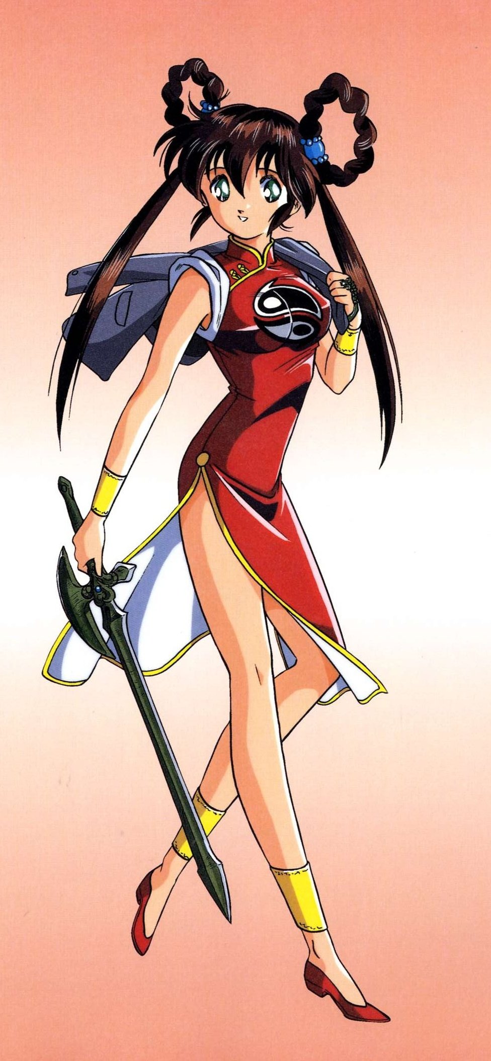 miyao gaku, mano youko, mamono hunter youko, highres, official art, 1990s (style), 1girl, anklet, arm up, blazer, bow, bracelet, braid, breasts, brown hair, china dress, chinese clothes, dress, full body, gold trim, green eyes, holding, holding sword, holding weapon, jacket, jewelry, leg up, long hair, looking at viewer, medium breasts, parted lips, petals, red dress, red shoes, retro artstyle, shirt, shoes, simple background, sleeveless, smile, solo, sword, twintails, weapon, yin yang