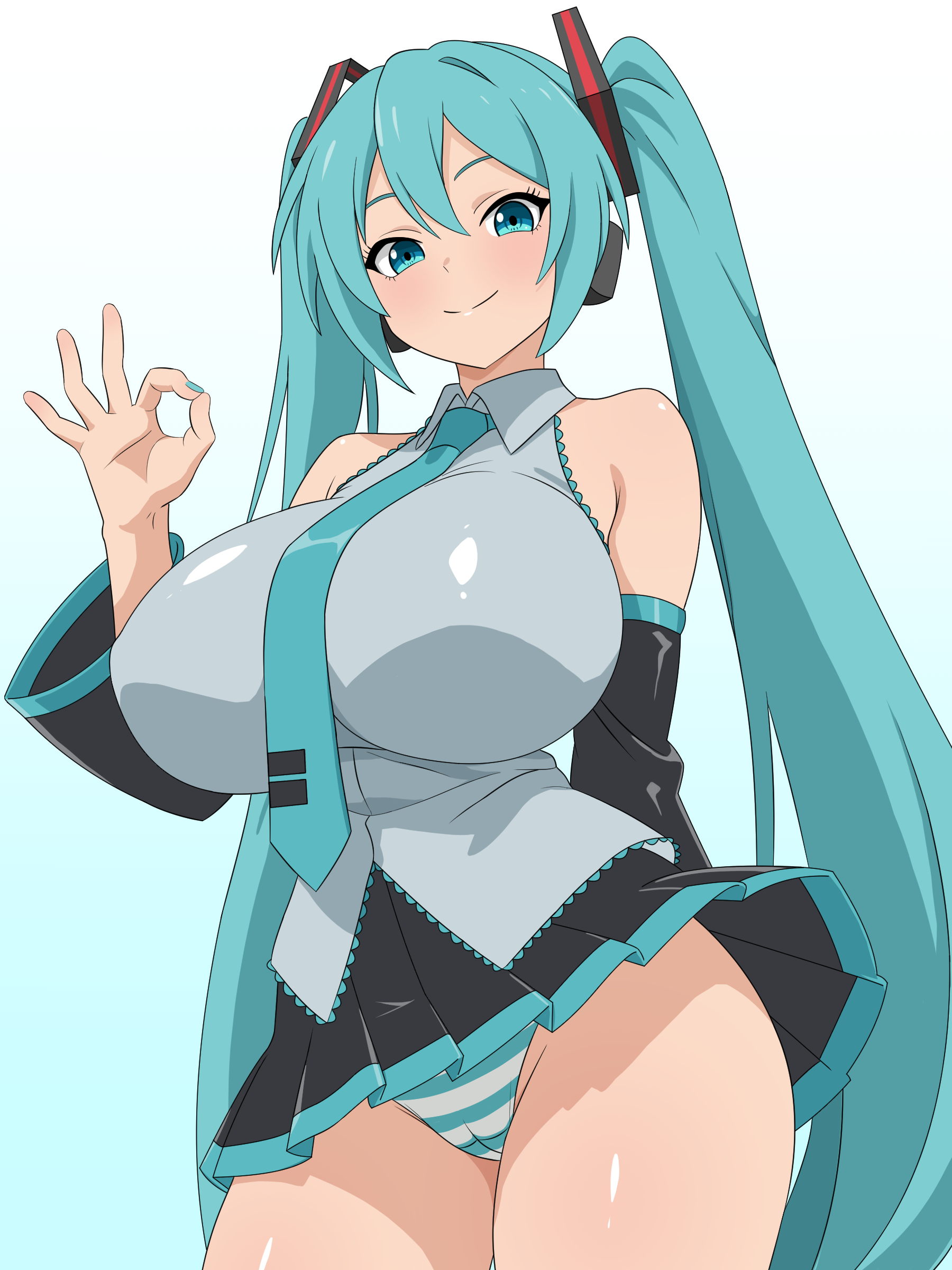 migikoba, hatsune miku, vocaloid, absurdres, highres, 1girl, alternate breast size (larger), aqua background, aqua eyes, aqua hair, aqua nails, arm at side, black skirt, black sleeves, blush, breasts, closed mouth, cowboy shot, detached sleeves, dot nose, fingernails, hair between eyes, handjob gesture, huge breasts, legs together, long hair, looking at viewer, miniskirt, panties, pantyshot, pleated skirt, popped collar, shiny clothes, shiny skin, shirt, simple background, skirt, sleeveless, sleeveless shirt, smile, solo, standing, striped clothes, striped panties, thighs, tight clothes, twintails, underwear, white background
