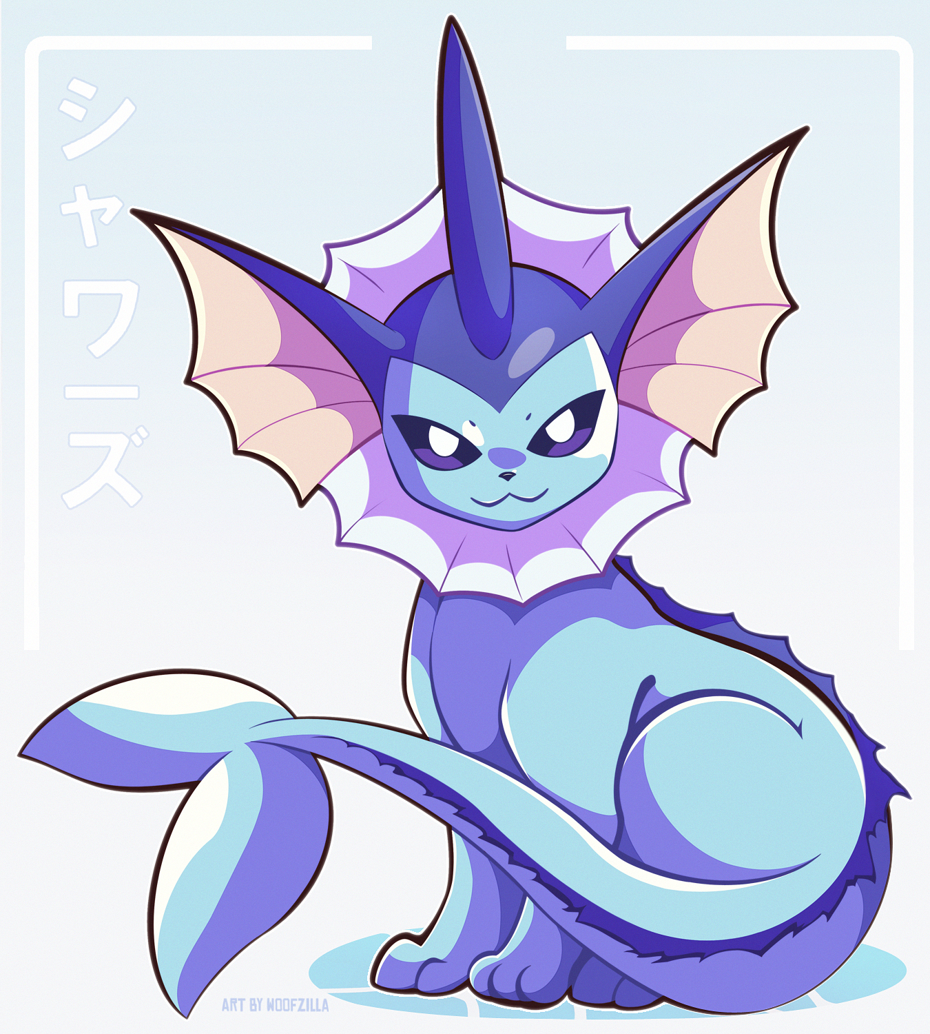 woofzilla, vaporeon, nintendo, pokemon, commentary, english commentary, highres, translation request, :3, bright pupils, full body, gen 1 pokemon, looking at viewer, no humans, pokemon (creature), signature, simple background, solo, white pupils