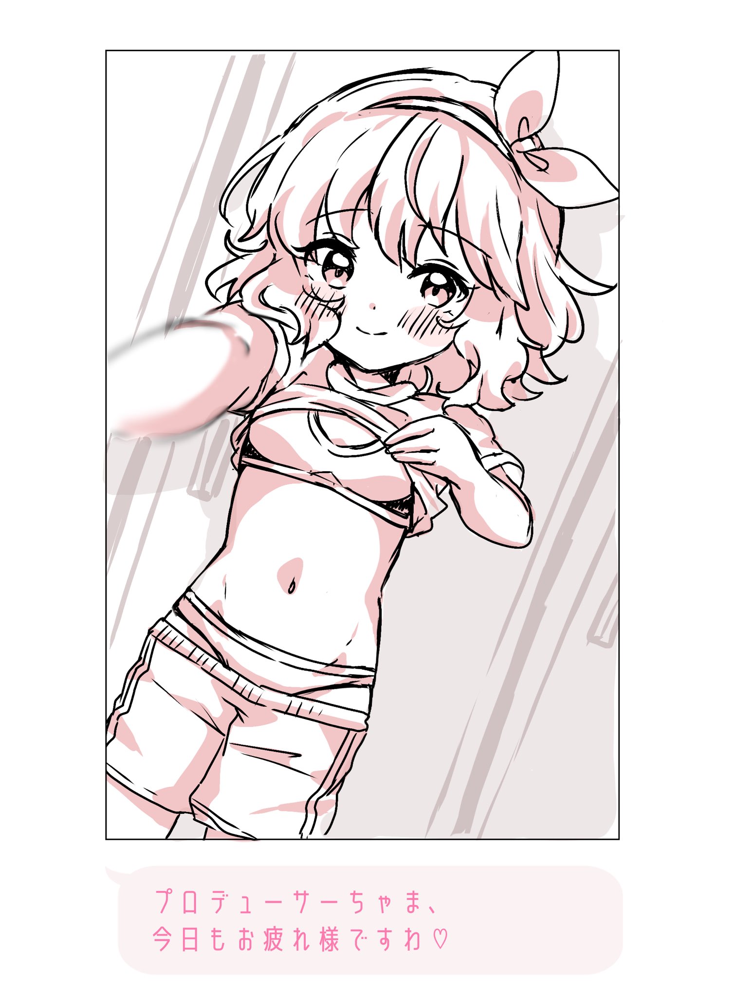 remiri nicoeli, sakurai momoka, idolmaster, idolmaster cinderella girls, highres, 1girl, blush, bow, bra, clothes pull, dot nose, dutch angle, gym shorts, hair bow, hairband, lifting own clothes, looking at viewer, monochrome, panties, selfie, shirt pull, short hair, shorts, shorts pull, smile, spot color, swept bangs, track suit, training bra, underwear