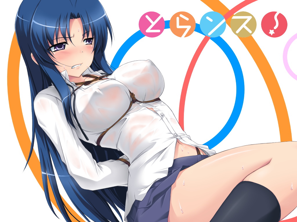 aquamu, kawashima ami, toradora!, 00s, 1girl, bdsm, blue hair, blush, bondage, bound, breast bondage, breasts, covered erect nipples, female focus, large breasts, long hair, navel, purple eyes, skirt, solo, sweat, wet, wet clothes