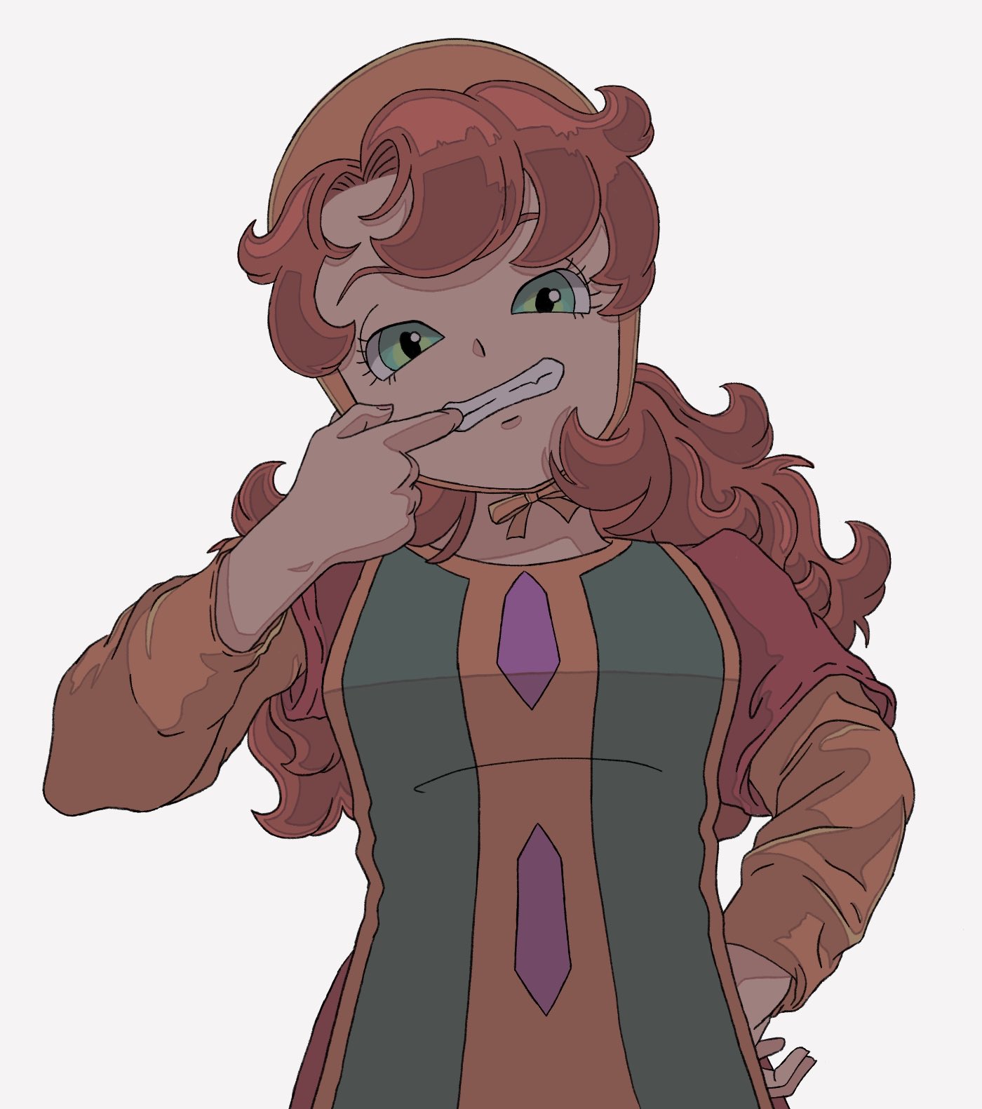maribel (dq7), dragon quest, dragon quest vii, highres, 1girl, curly hair, dress, hood, long hair, looking at viewer, open mouth, red hair, simple background, sinfonianobilis, smile, solo, white background