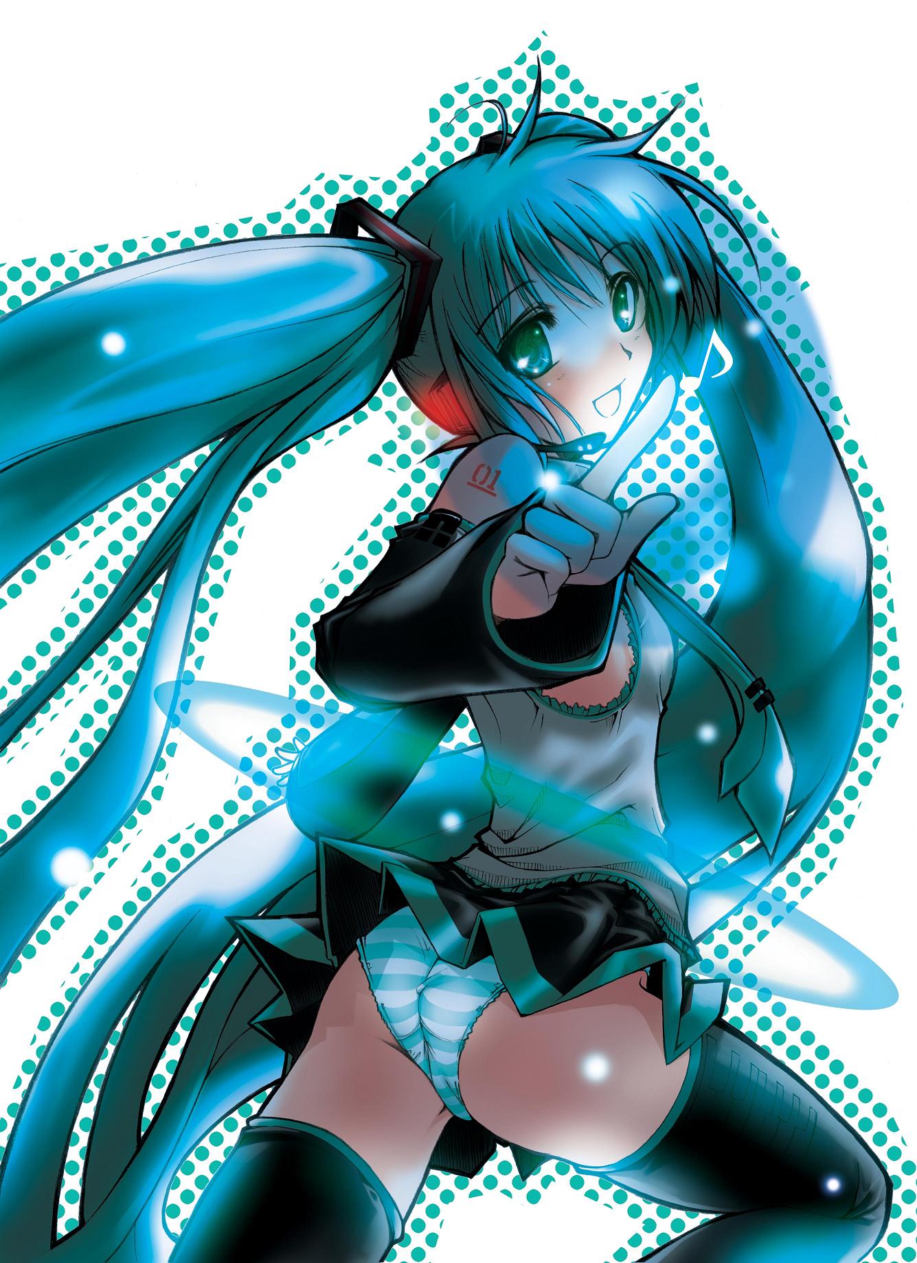 hatsune miku, vocaloid, highres, aqua hair, black thighhighs, detached sleeves, green eyes, headset, long hair, looking back, miniskirt, musical note, necktie, panties, pantyshot, skirt, solo, striped clothes, striped panties, thighhighs, thighs, twintails, underwear, very long hair, zettai ryouiki