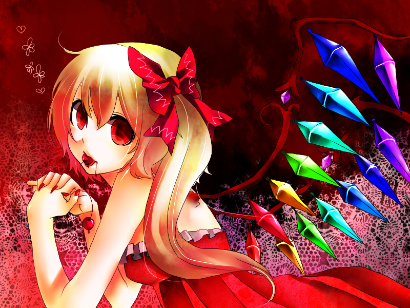 yutazou, flandre scarlet, touhou, bad id, bad pixiv id, 1girl, blonde hair, blood, cherry, female focus, fingernails, food, fruit, red eyes, solo, wings