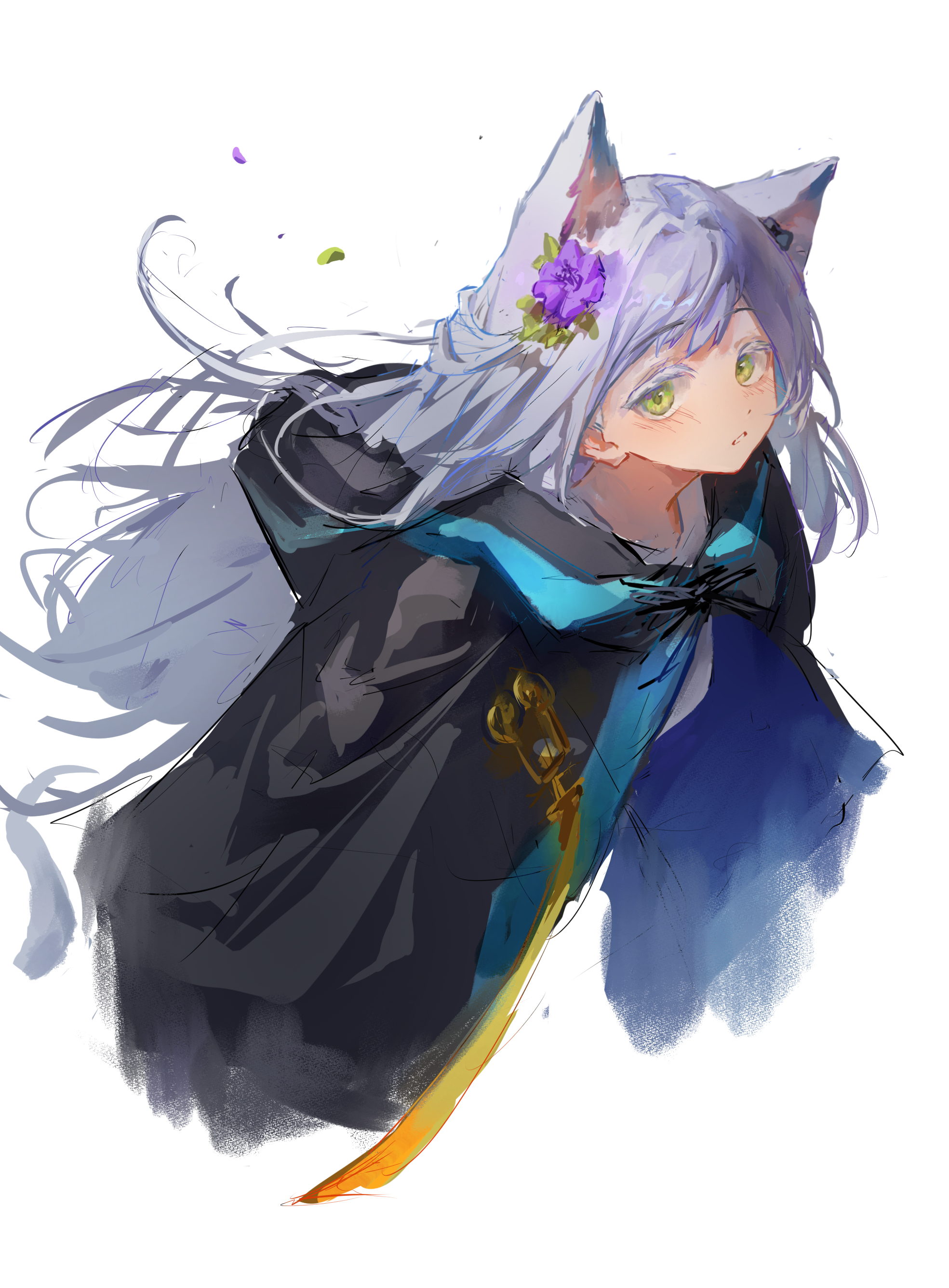 mumu millhayes, rosmontis (arknights), arknights, absurdres, chinese commentary, commentary request, highres, 1girl, animal ears, cat ears, cat girl, flower, green eyes, hair flower, hair ornament, long hair, looking at viewer, simple background, solo, white background