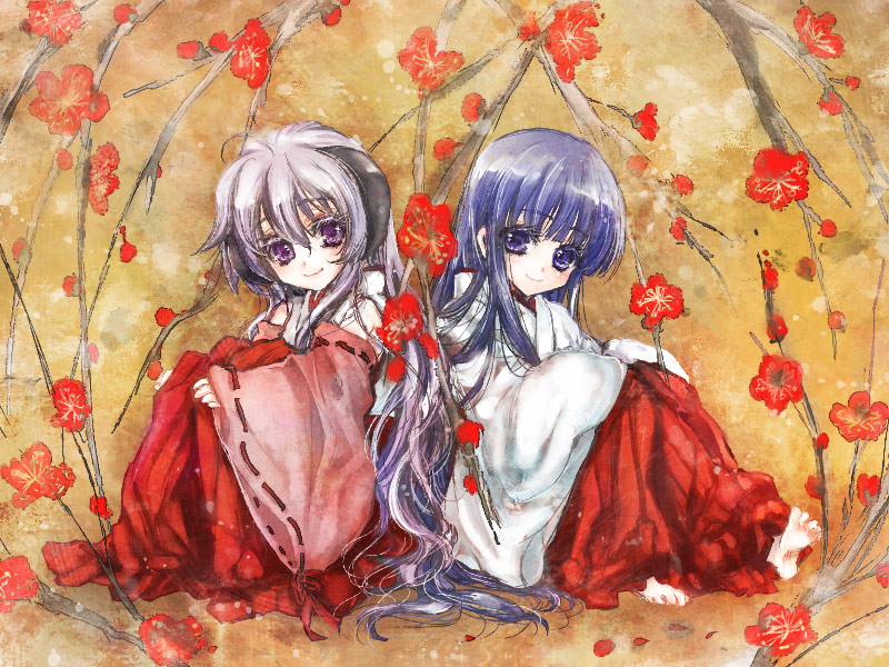 hai yoru, furude rika, hanyuu, higurashi no naku koro ni, 00s, 2girls, back-to-back, barefoot, blue hair, flower, hakama, hakama skirt, horns, japanese clothes, miko, multiple girls, purple hair, red hakama, sitting, skirt