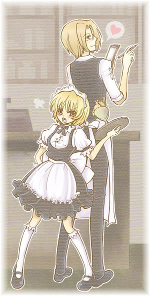 houjou satoko, irie kyousuke, higurashi no naku koro ni, 00s, 1boy, 1girl, alternate costume, annoyed, blonde hair, heart, height difference, maid, waitress