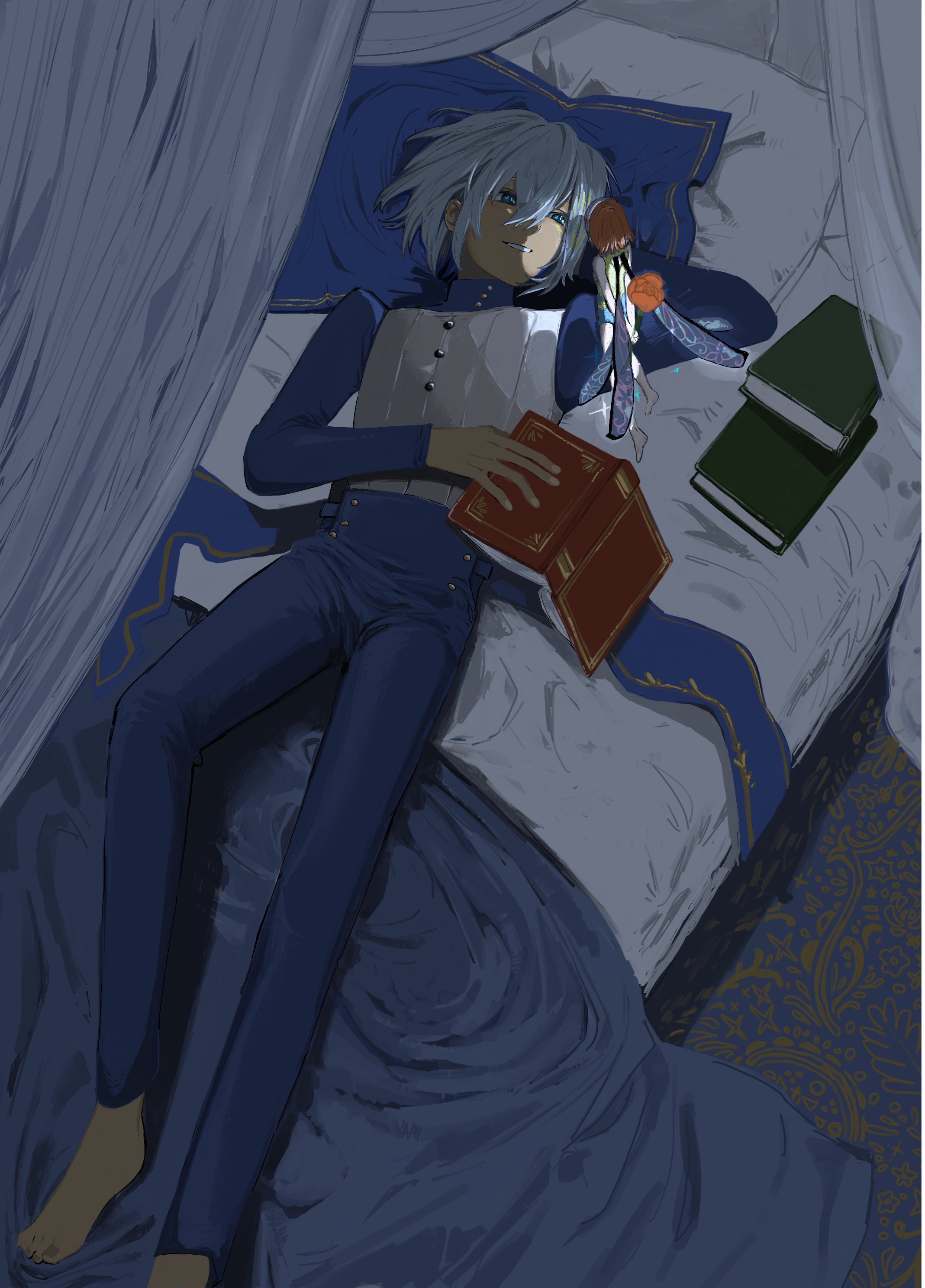 hhhuzh, gallica (metaphor: refantazio), protagonist (metaphor: refantazio), metaphor: refantazio, absurdres, commentary request, highres, spoilers, 1boy, 1girl, aqua eyes, arms behind back, barefoot, blue pants, book, dark-skinned male, dark skin, fairy, fairy wings, flower, grey hair, grin, hair between eyes, holding, holding book, holding flower, leotard, long sleeves, looking at another, lying, mini person, minigirl, on bed, open book, orange flower, orange hair, orange rose, pants, pillow, rose, size difference, smile, toes, wings