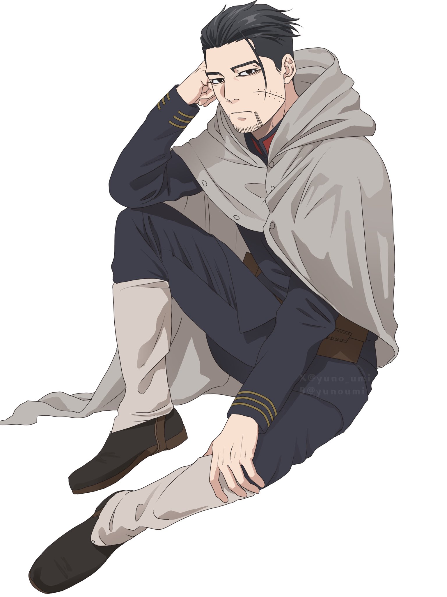 washiko (rasuko), ogata hyakunosuke, golden kamuy, commentary request, highres, 1boy, black eyes, black hair, black pants, black shoes, cloak, full body, grey cloak, hair slicked back, hood, hood down, hooded cloak, long sleeves, looking at viewer, male focus, pants, shoes, short hair, simple background, sitting, solo, white background