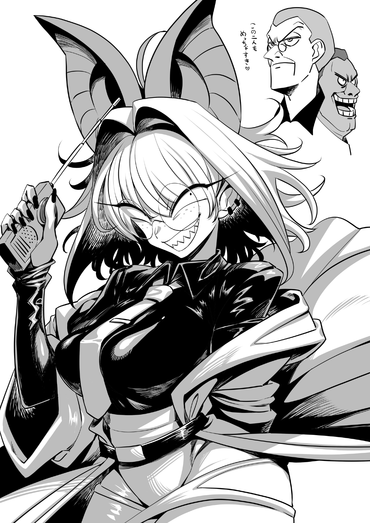 tukiwani, tinker belle (eisu), original, highres, 1girl, 2boys, animal ears, bat ears, borrowed character, breasts, ear piercing, earrings, freckles, greyscale, grin, hair intakes, jewelry, lab coat, medium breasts, medium hair, monochrome, multiple boys, necktie, piercing, round eyewear, sharp teeth, simple background, smile, teeth, white background